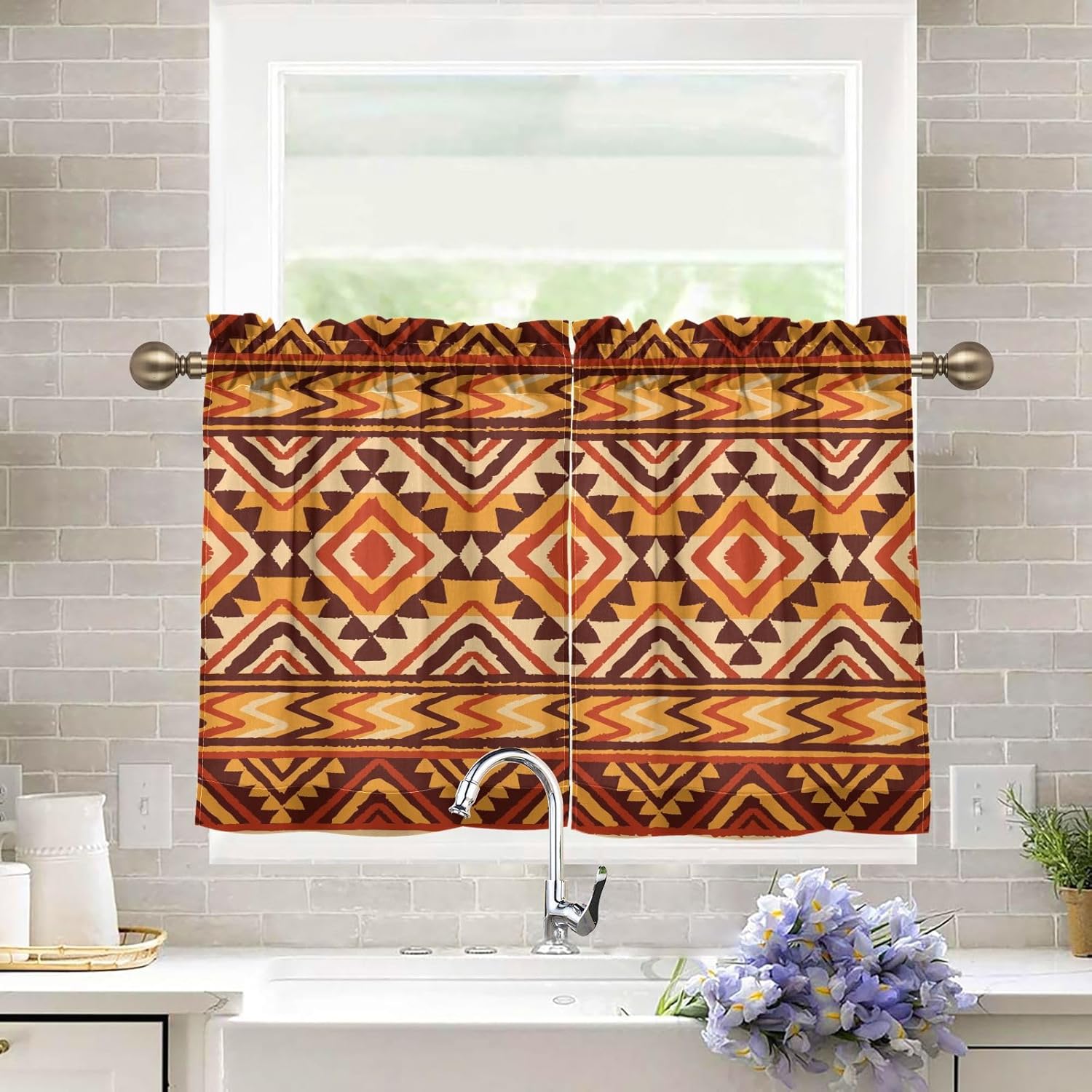 Cortinas de cocina de 36 pulgadas de largo, diseño geométrico tribal africano, 2 paneles, cortinas transparentes para media ventana, bolsillo para
