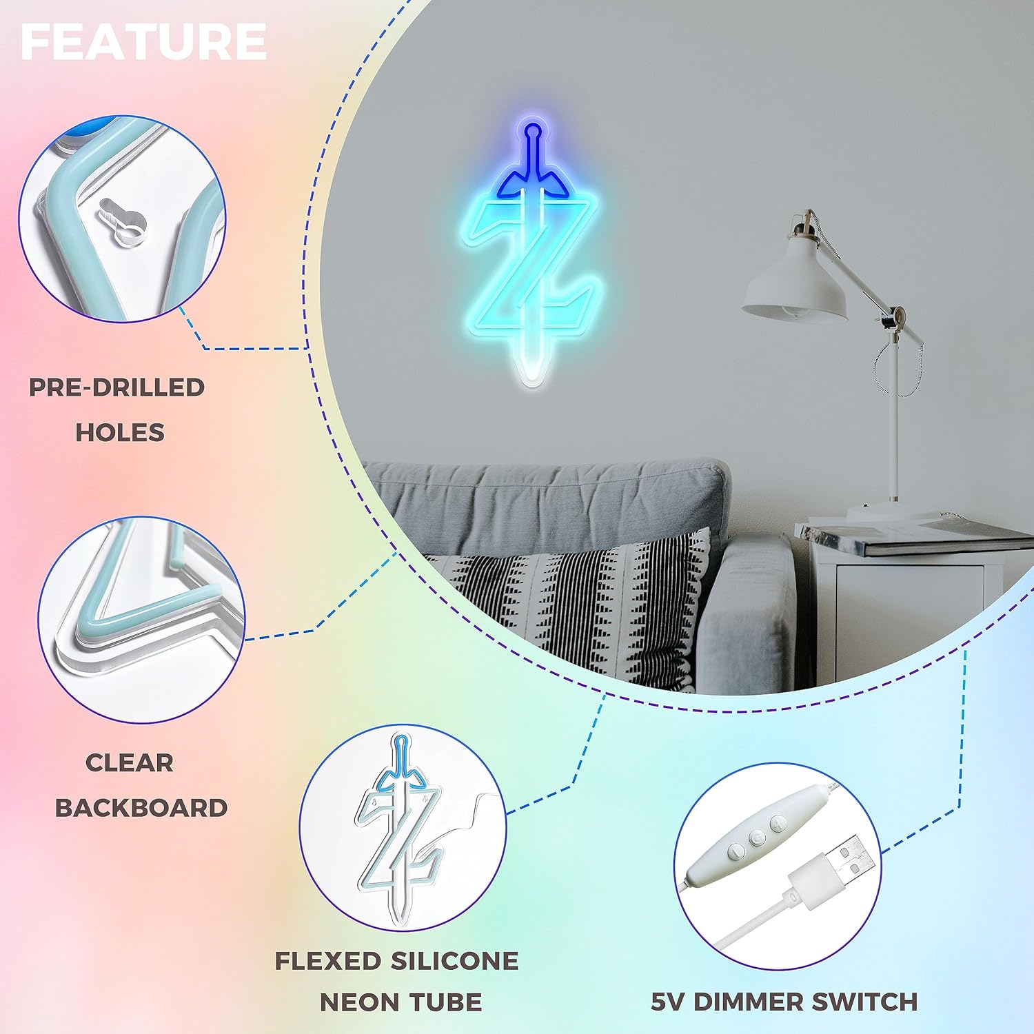Zelda – Letrero de neón para jugadores, luz de neón icónica para decoración de sala de juegos, regalos de Zelda, espada Z, letrero LED, espada
