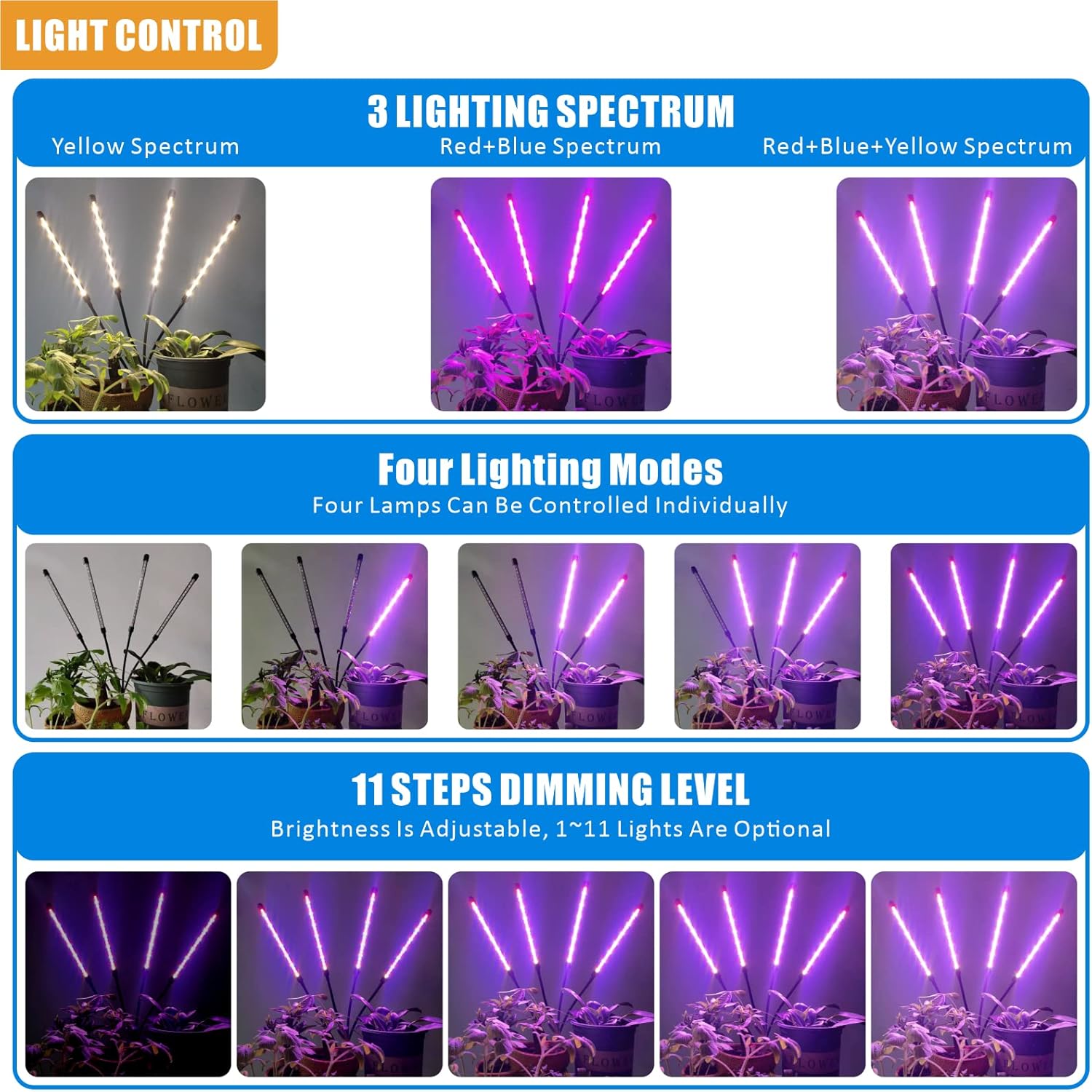 Luces de cultivo de plantas, luz LED de espectro completo para plantas de interior, lámpara de cultivo con 11 niveles regulables, 6 modos,