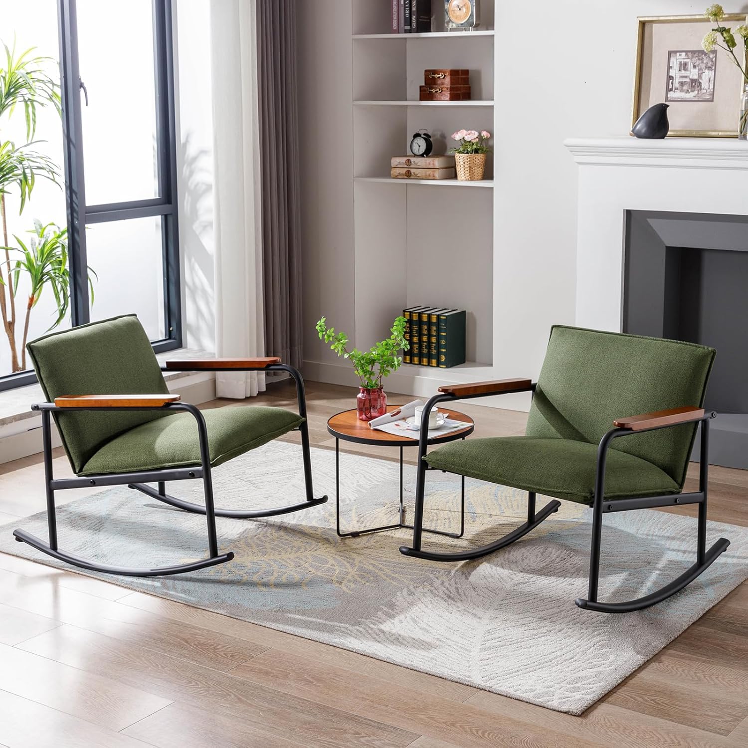 DUOMAY Modern Accent – Juego de 2 mecedoras tapizadas de mediados de siglo con base de metal, tela de lino, silla de guardería con agarres de madera