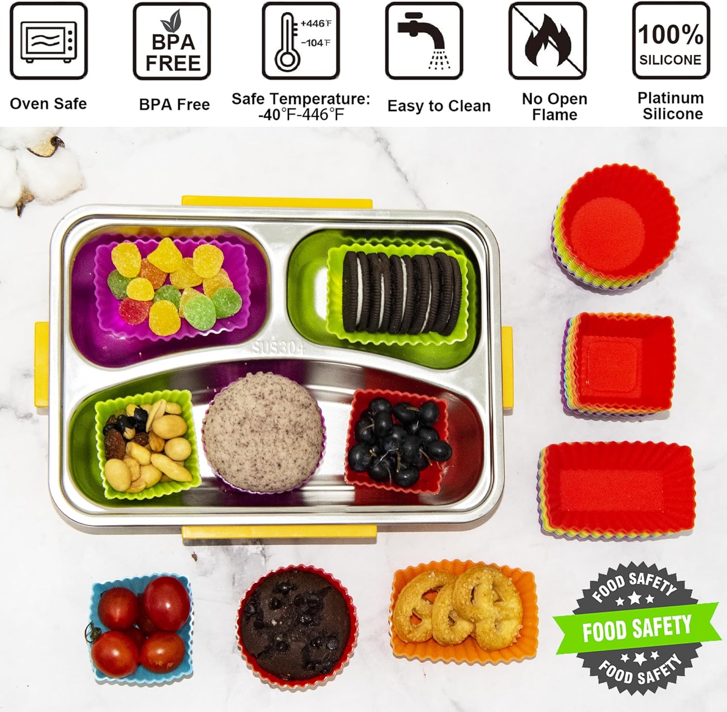 Forros de silicona para cupcakes, 36 divisores de silicona para loncheras, tazas de silicona antiadherentes, accesorios de caja Bento para niños