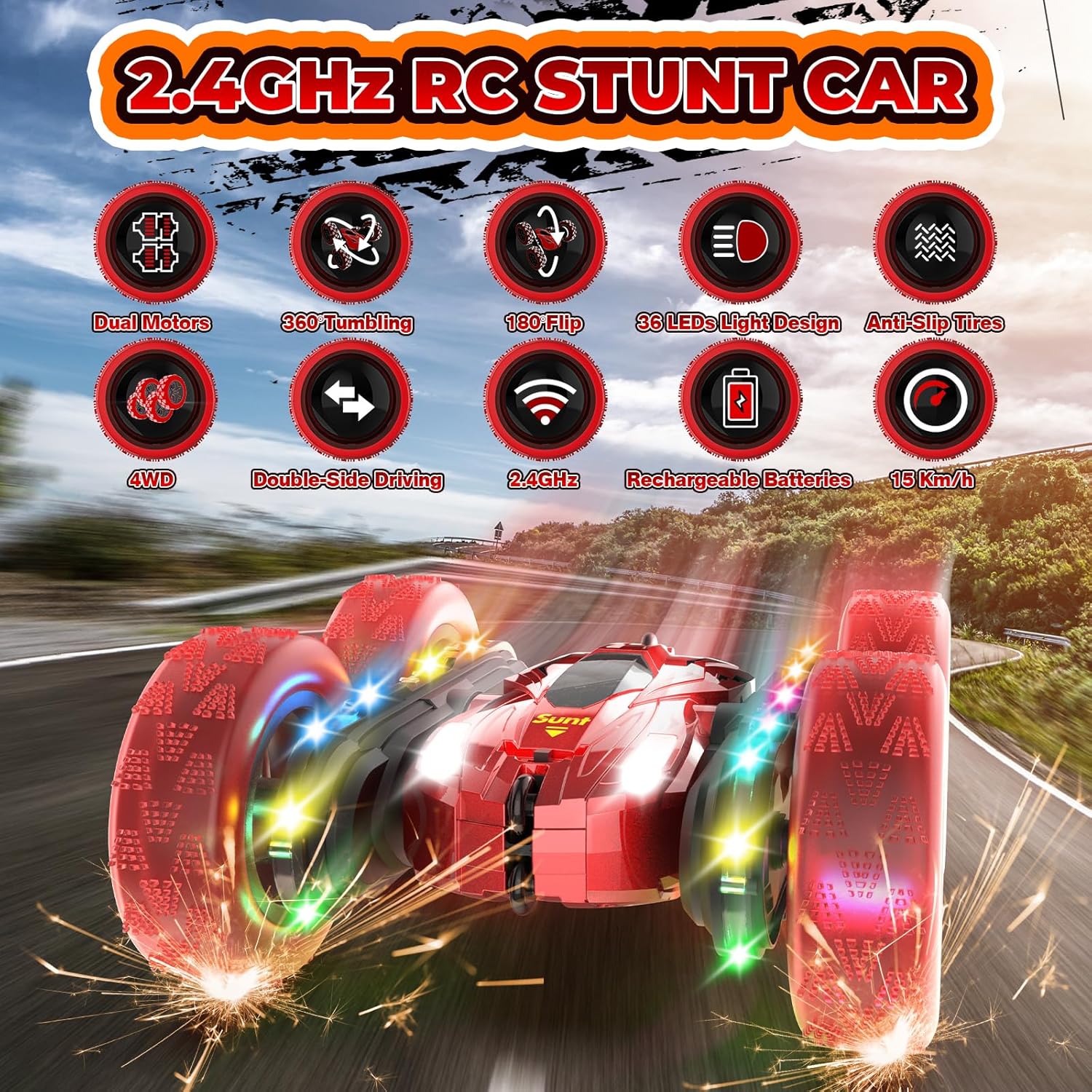 QMUNST Coche de control remoto, autos a control remoto con luces que fluyen, luces de rueda y faros, 2.4 GHZ 4WD, auto de control remoto rápido, 360