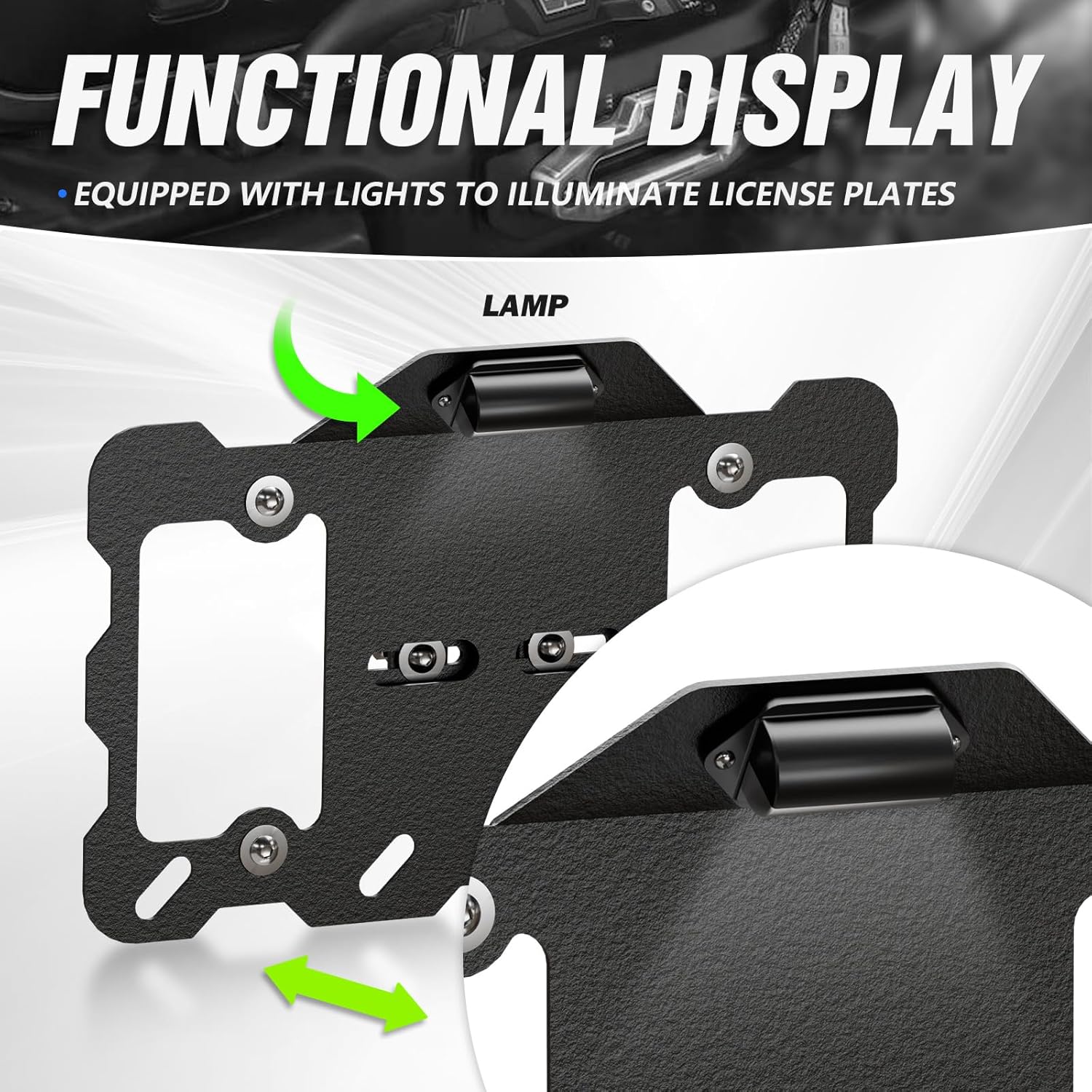 SUORTO – Marco universal para matrícula frontal con luz LED para el anillo en D de parachoques compatible con Jeep, Ford, Dodge, Chevy, GMC, Nissan,