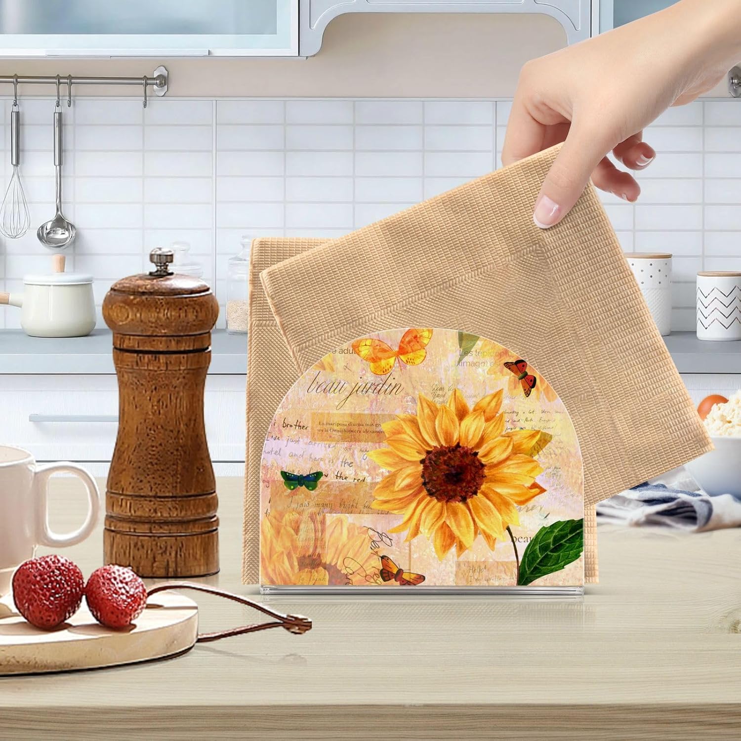 Servilletero vintage de girasol y mariposa, servilleteros acrílicos para mesa de cóctel, dispensador, soporte de papel para cocina, comedor,