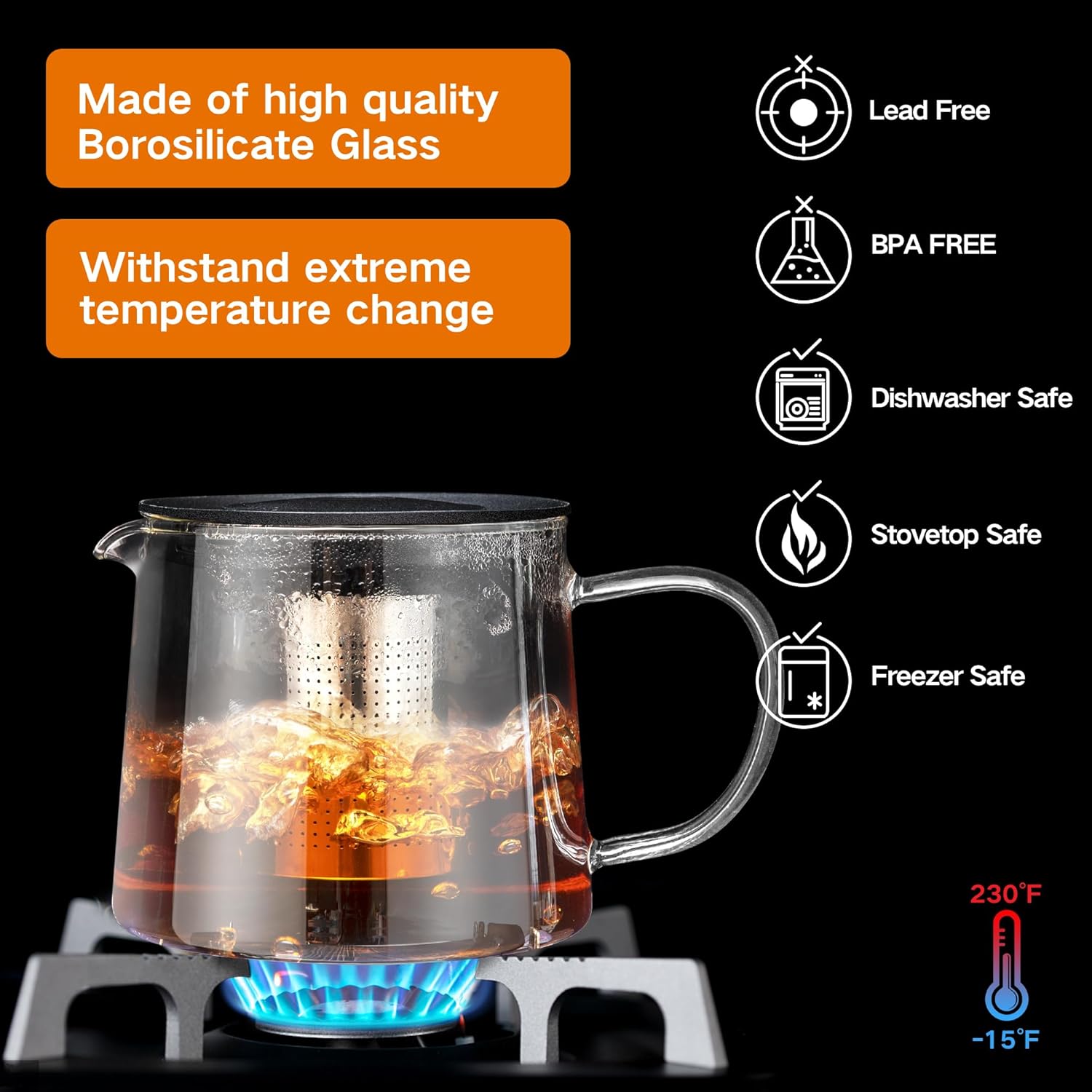 Tetera de vidrio de 34 oz33.8 fl oz con infusor de acero inoxidable extraíble, tetera de vidrio de borosilicato resistente al calor, hervidor de té