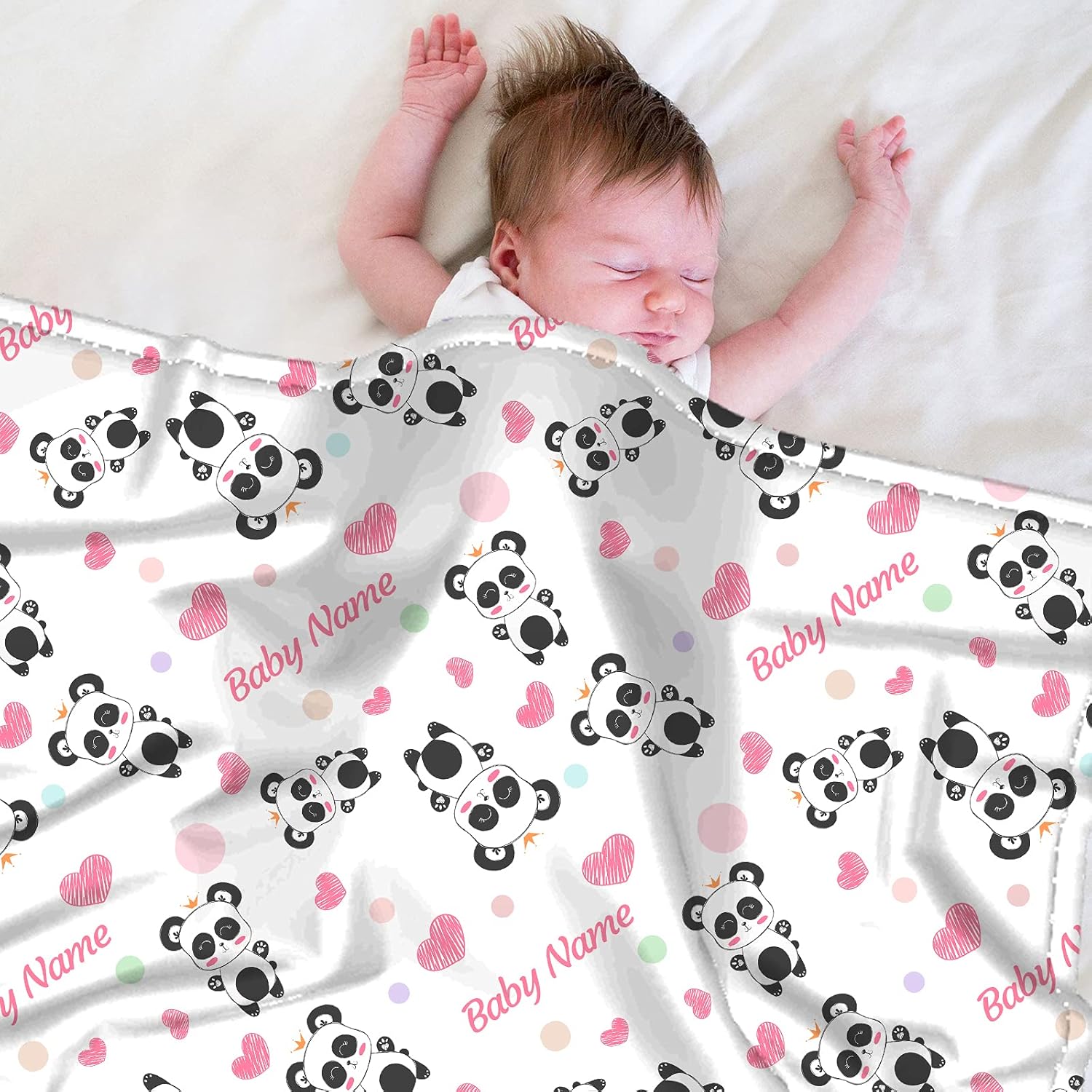 Manta de bebé personalizada con estampado de panda lindo con nombre, patrones de corazones de panda personalizados para bebés, regalos de cumpleaños