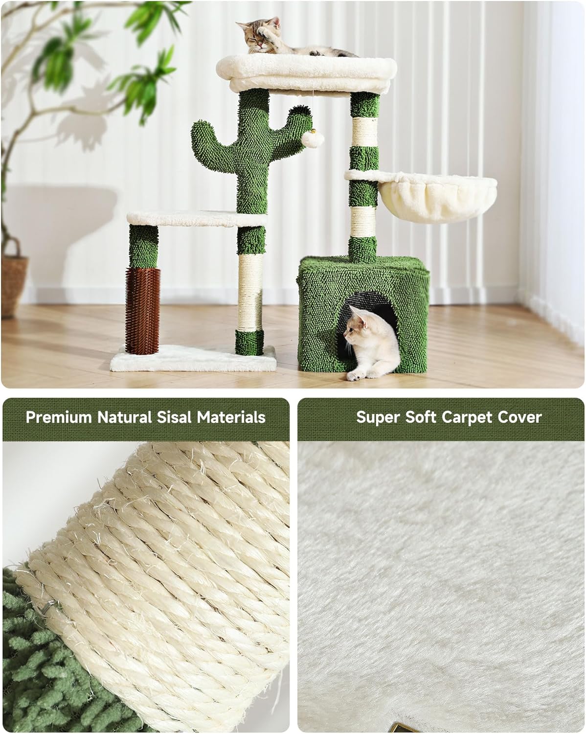 Hoopet Árbol para gatos, torre de cactus de 32 pulgadas para gatos de interior con poste rascador de sisal, acogedor condominio, hamaca, cepillo de