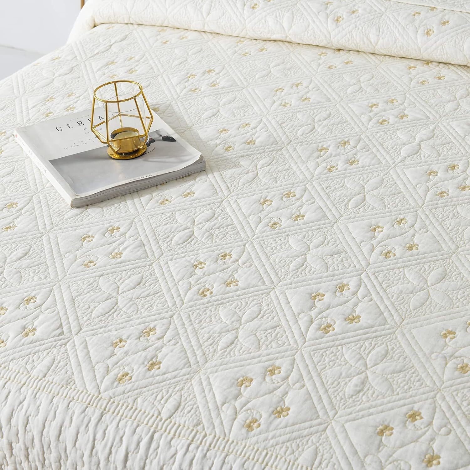 Brandream Juego de edredón blanco crema, tamaño Queen, juego de edredón vintage, juego de colcha de Matelasse