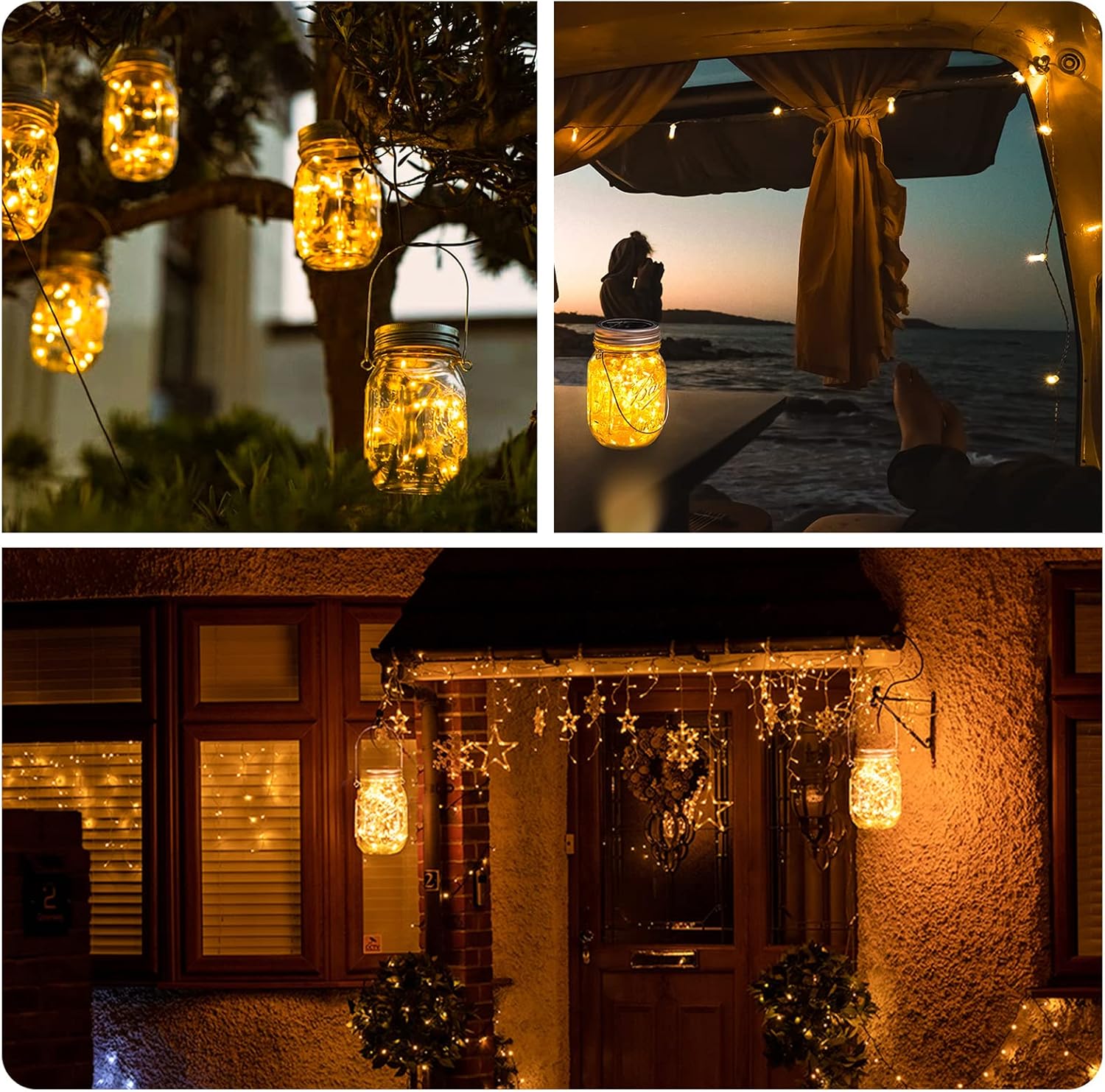 HXWEIYE Paquete de 8 faroles, tarros y perchas incluidos, 30 luces LED de color blanco cálido, impermeables, para colgar al aire libre, luces de