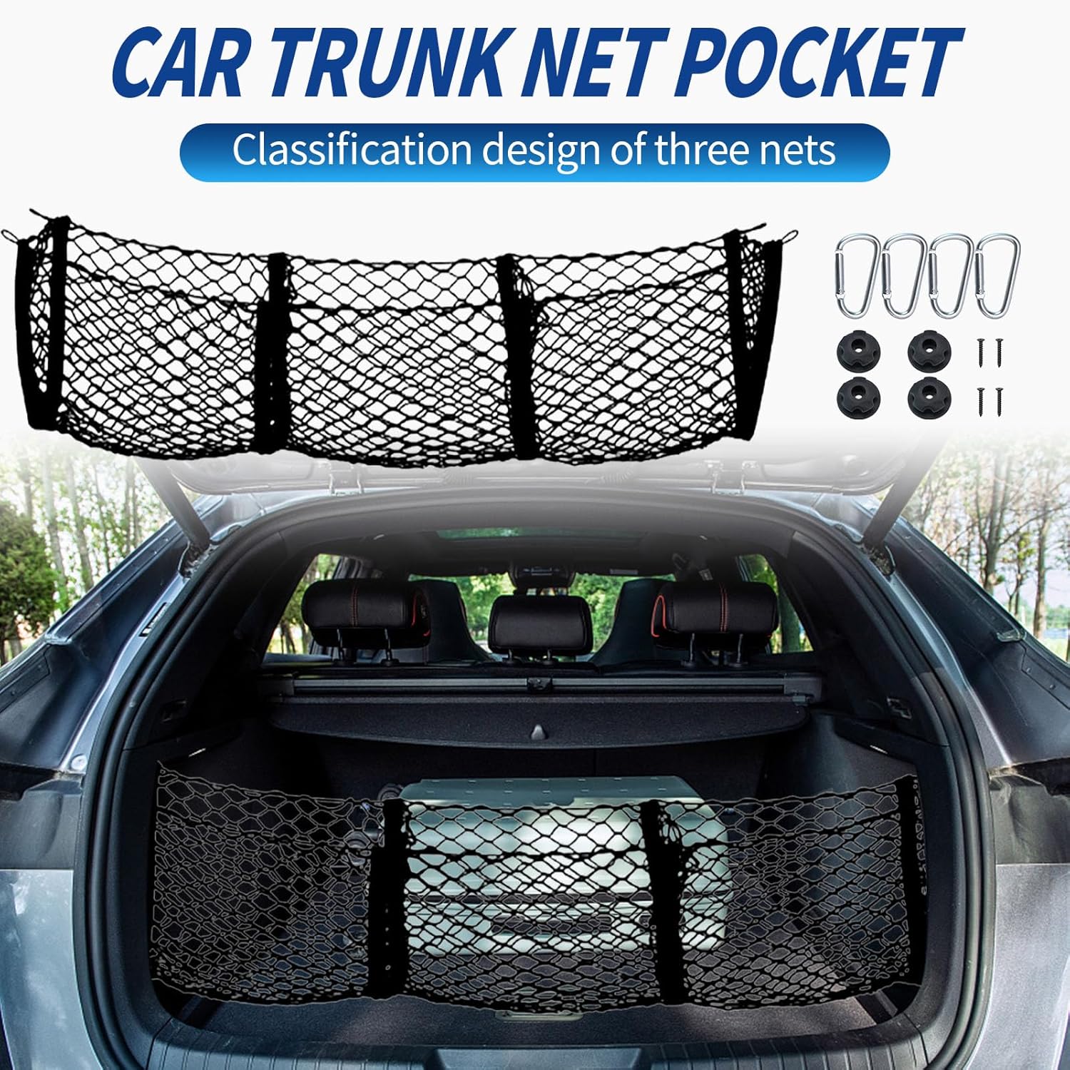 Red de carga retráctil y organizador de red de equipaje de 3 bolsillos, accesorios para el interior del automóvil, red de almacenamiento de carga