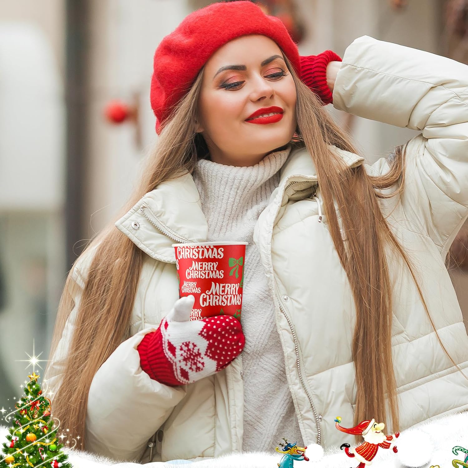 100 vasos de papel de café de Navidad con tapas, 16 onzas, desechables, muñeco de nieve, Papá Noel, elfo, tazas de papel para bebidas calientes de