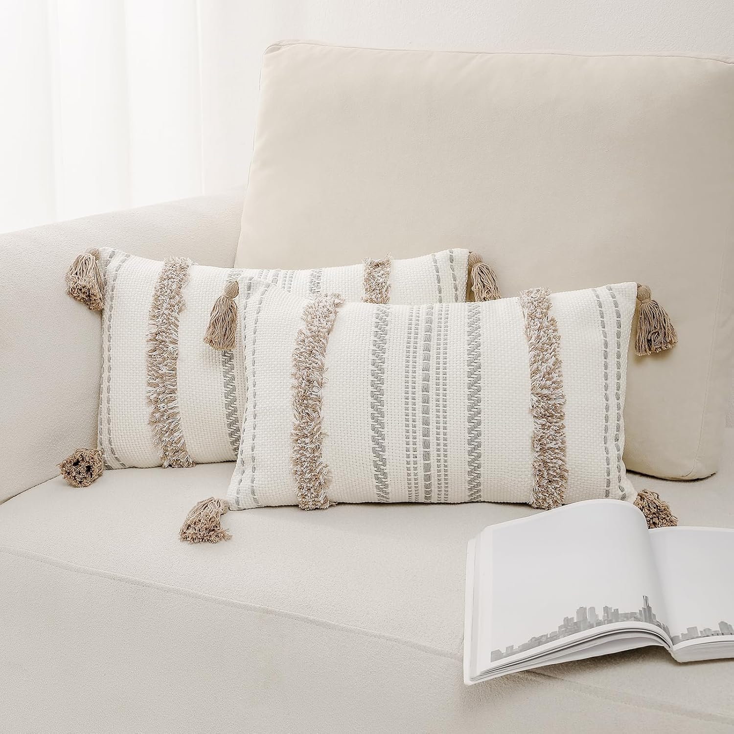 Juego de 2 fundas de almohada decorativas de lino y algodón con borlas, estilo bohemio y copetudo, para cojín lumbar, para sofá y cama, 12 x 20