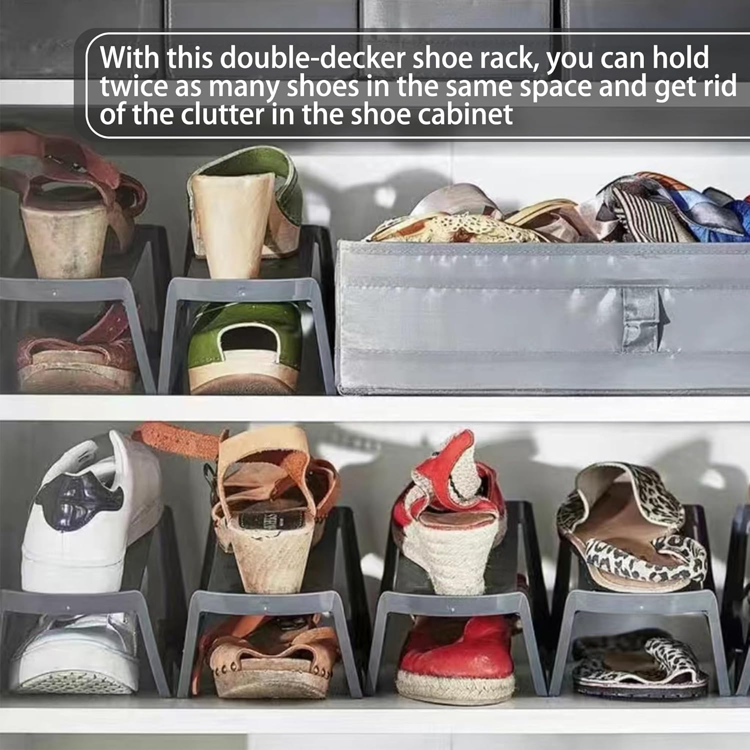 Apiladores de zapatos, ahorradores de espacio para zapatos, organizadores de doble capa para organización del armario, aumenta el espacio en un 200%