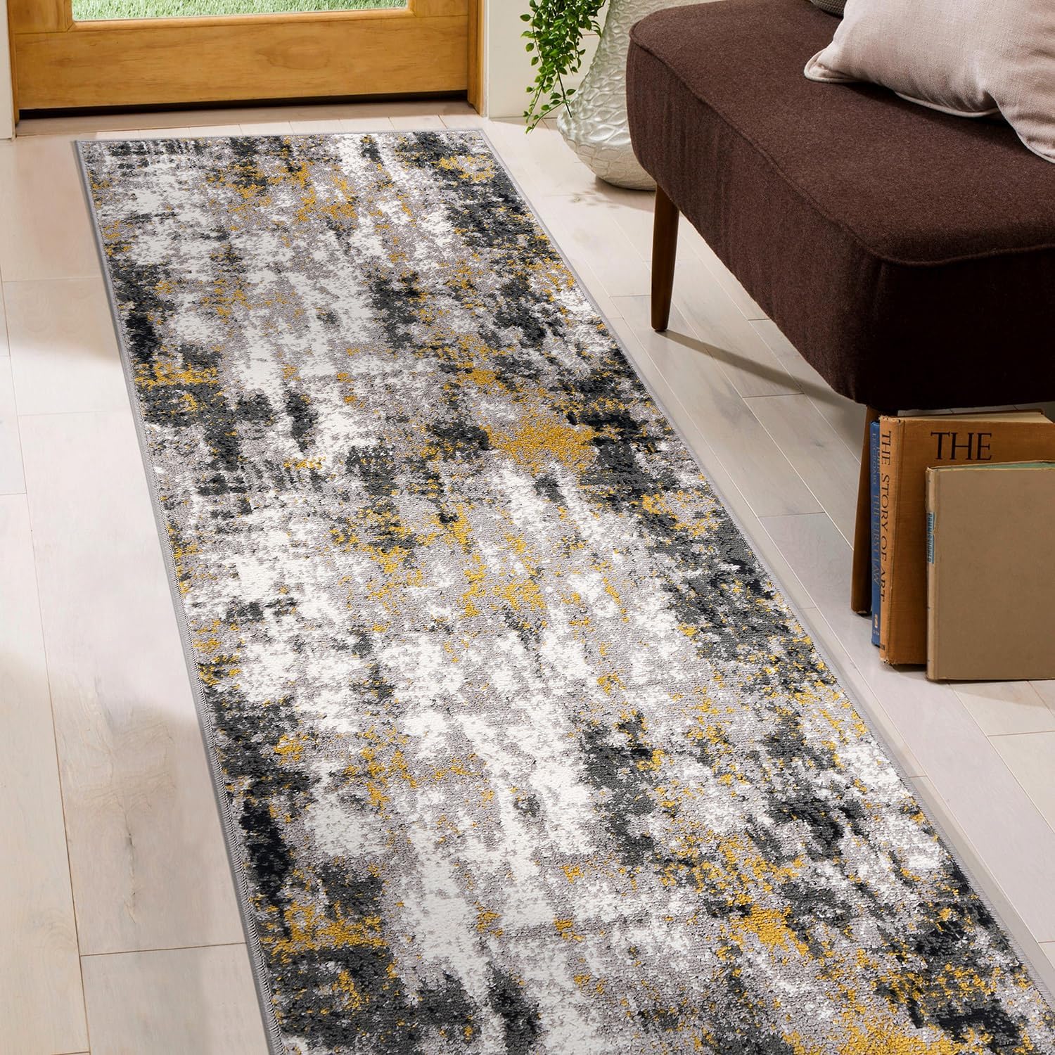 Rugshop Tralee – Alfombra abstracta moderna resistente a las manchas, 2 x 7 pies, color amarillo