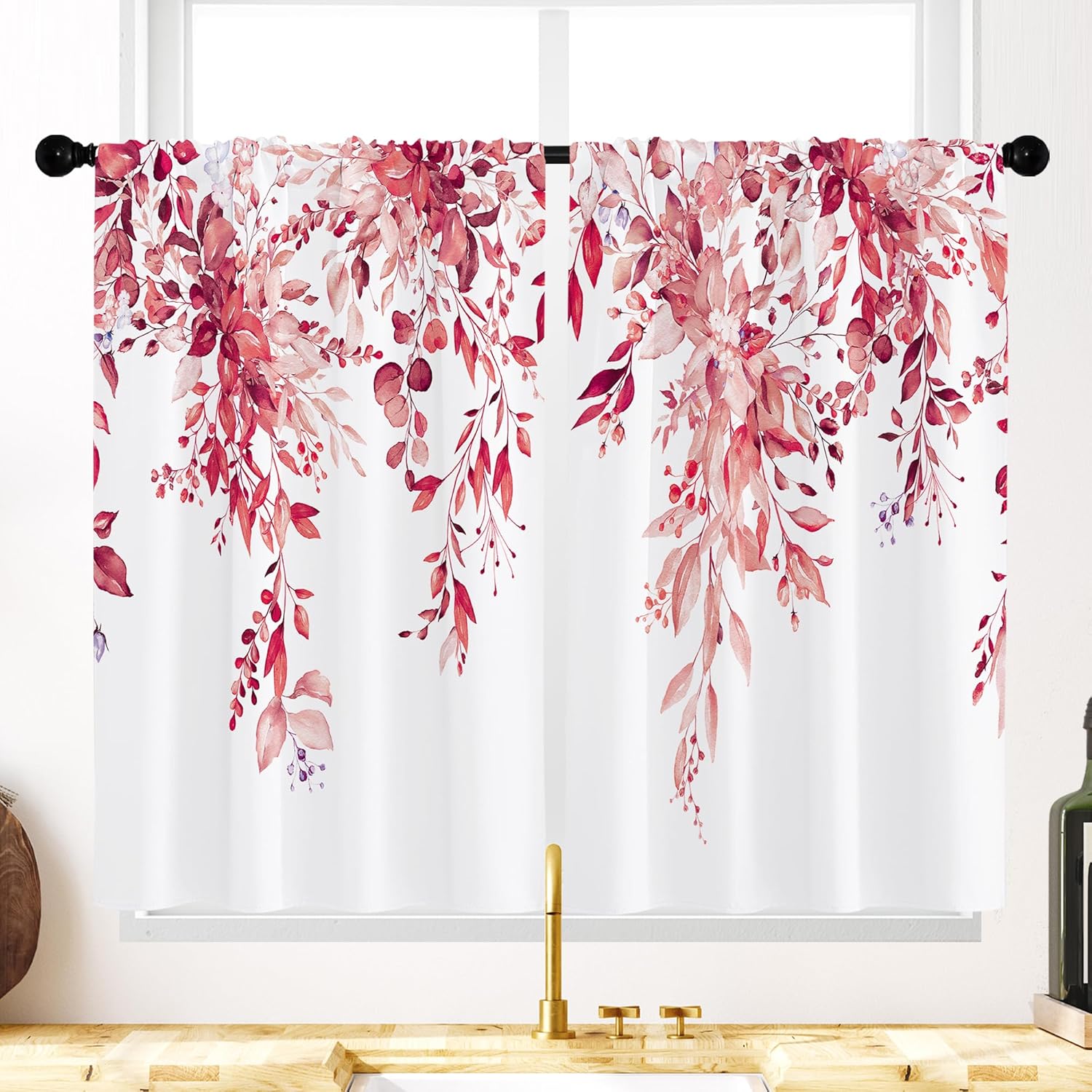Cortinas de cocina con hojas de eucalipto burdeos, cortinas rústicas de primavera botánica, cortinas de plantas rústicas florales de granja,