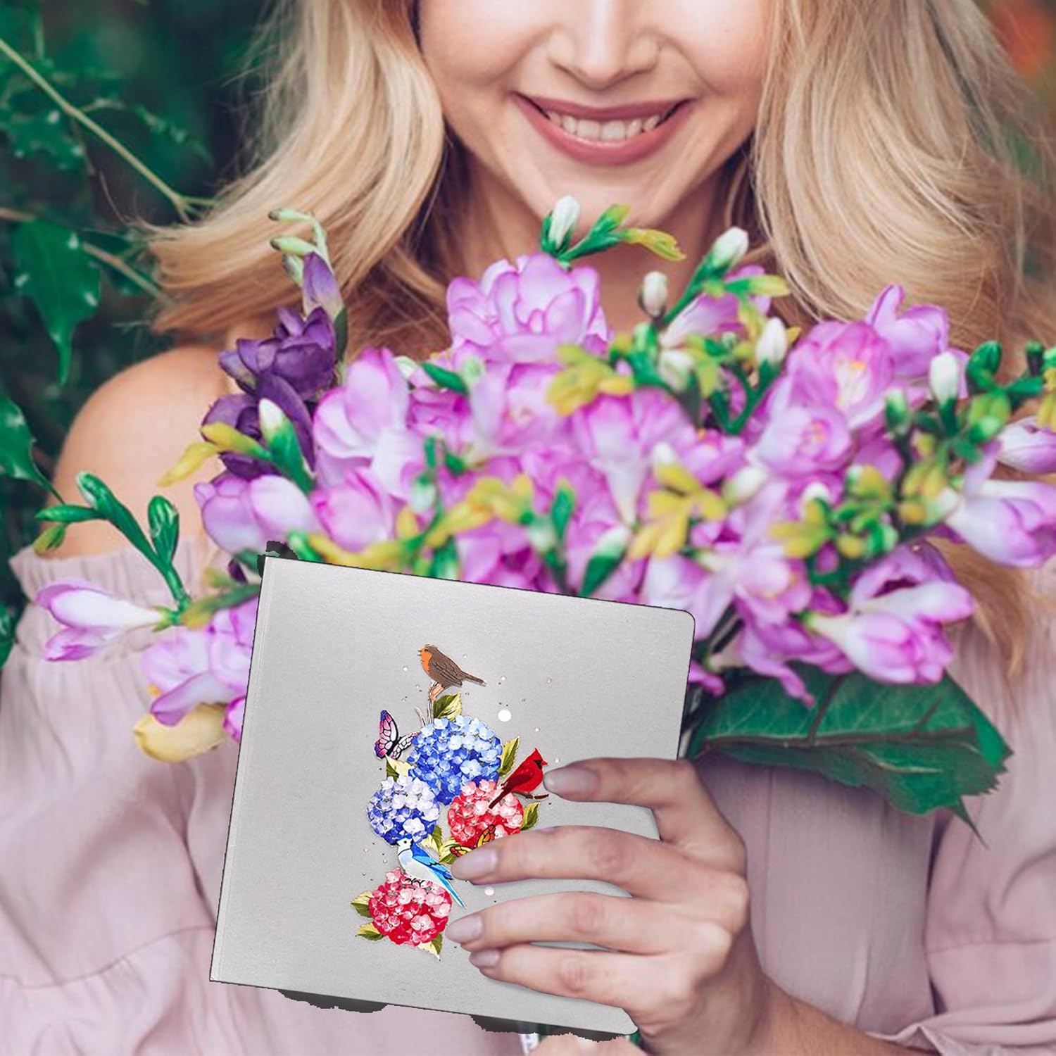 Tarjeta desplegable de cesta de hortensias – Tarjetas de felicitación de agradecimiento, cumpleaños, pensando en ti, recuperarte, día de San