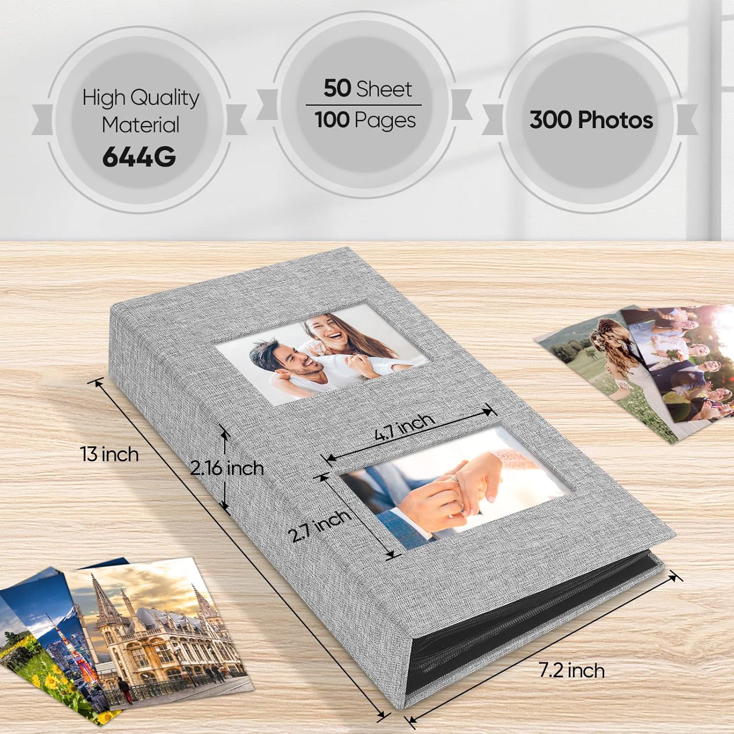 Álbumes de fotos de 4 x 6, álbum de fotos con cubierta de lino con capacidad para 300 bolsillos, álbumes de fotos grises para fotos de 4 x 6