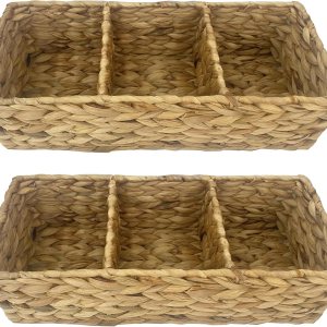 HORPRES Juego de 2, cestas de almacenamiento de jacinto de agua tejidas de 3 secciones  Cestas de mimbre para estantes (color natural) (tamaño HORPRES Juego de 2, cestas de almacenamiento de jacinto de agua tejidas de 3 secciones  Cestas de mimbre para estantes (color natural) (tamaño