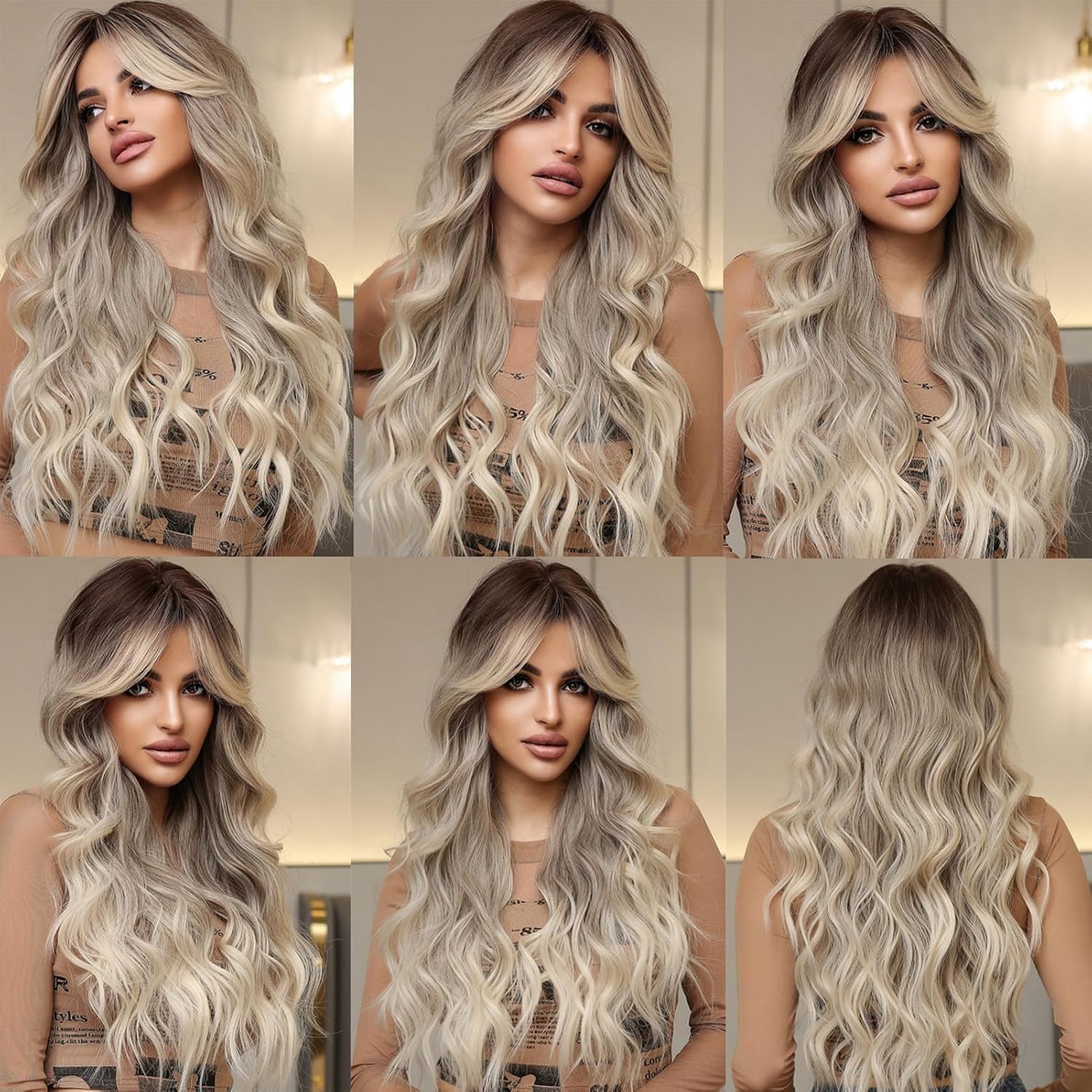 Pelucas largas onduladas de color marrón y rubio ombré para mujer, peluca rizada sintética natural resistente al calor, pelucas de fibra para uso