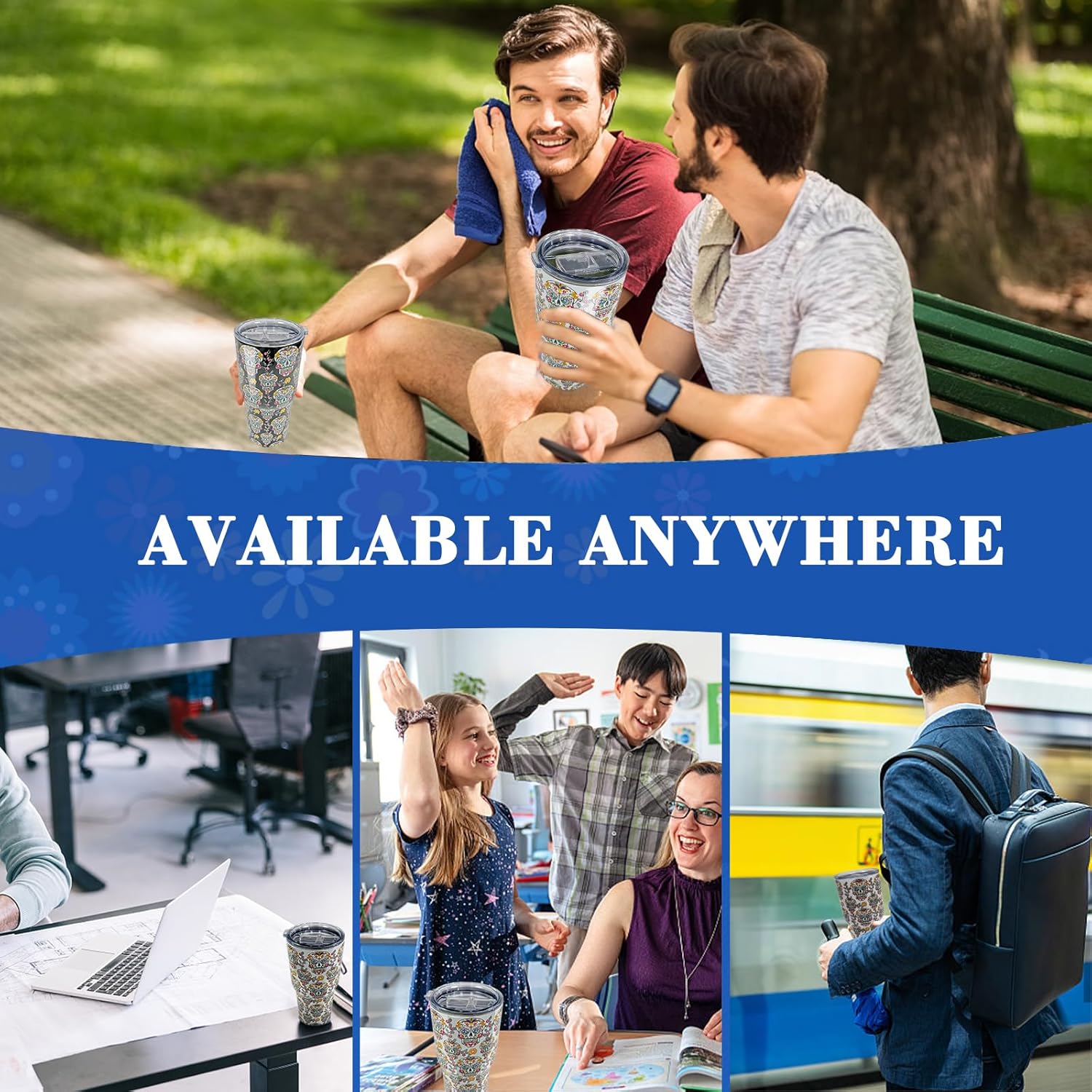 Tumbler with Lid, Double Wall Vacuum Insulated Reusable Coffee Travel Mug Keeps Drinks HotCold, Skull Tumblers Cup for Sport Camping Driving Unique
