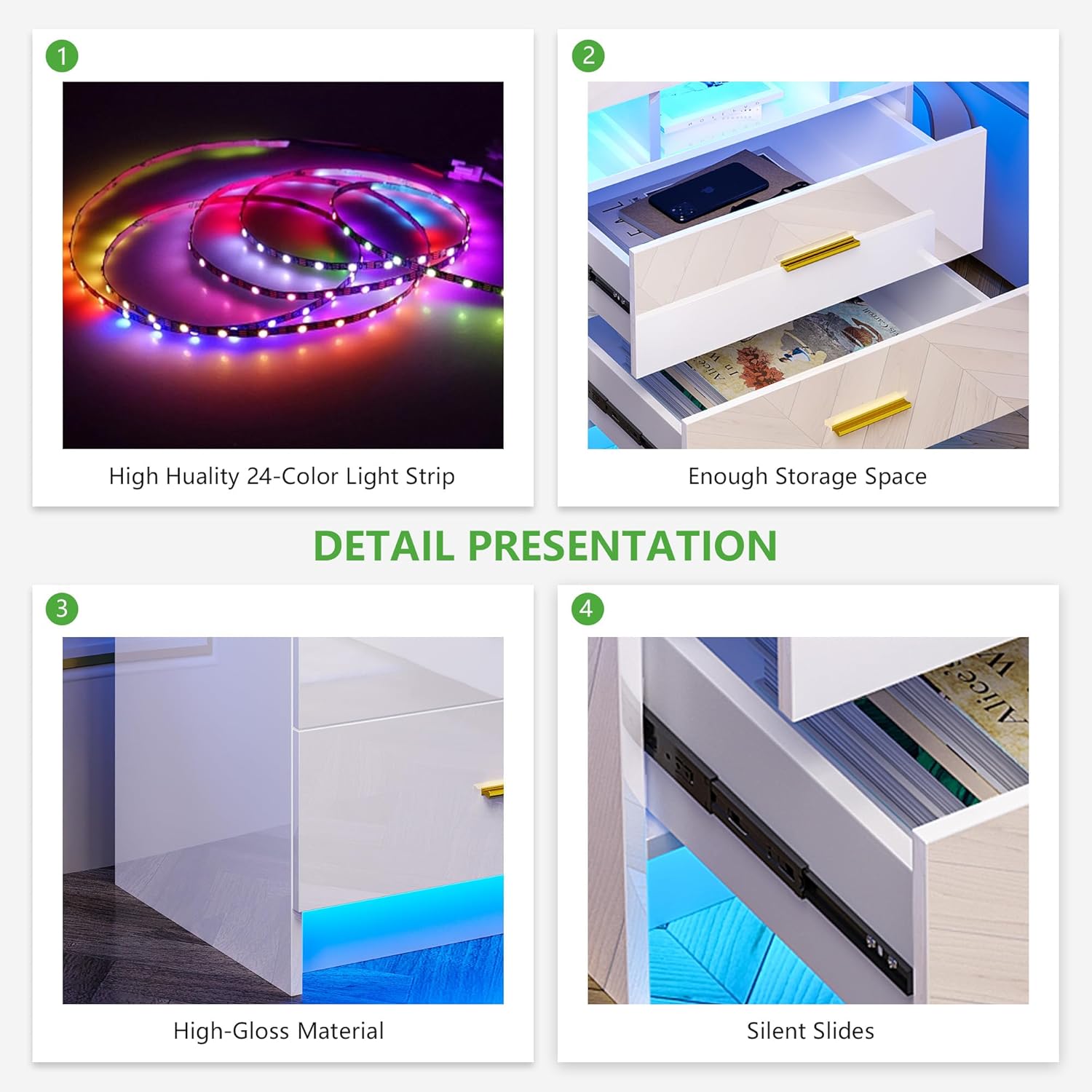 HNEBC Mesita de noche LED, RGB blanco con estación de carga USBinalámbrica, moderna mesita de noche con sensor automático de luces RGB, mesa