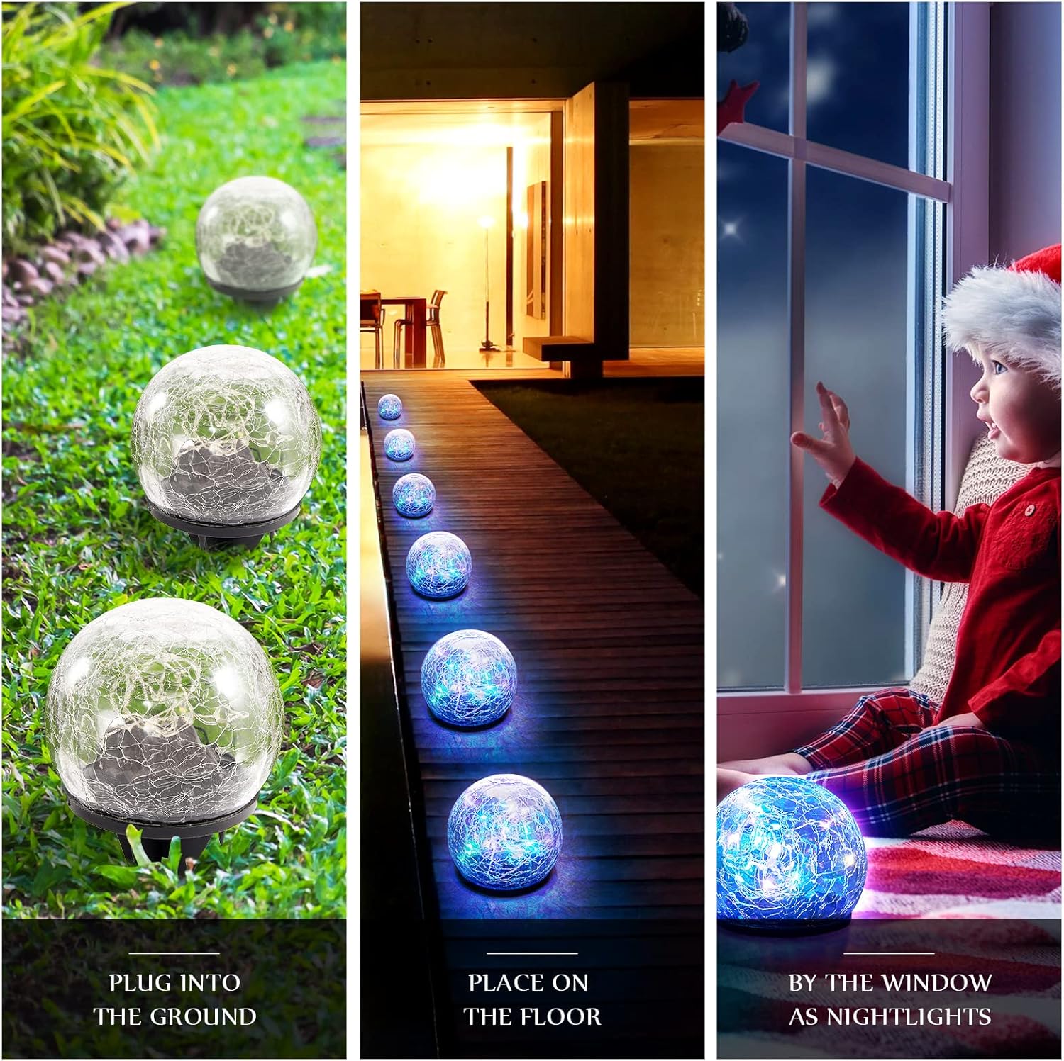 Honoson Luces solares decorativas de bola de vidrio agrietado, luces solares decorativas para paisaje al aire libre, luces LED solares impermeables