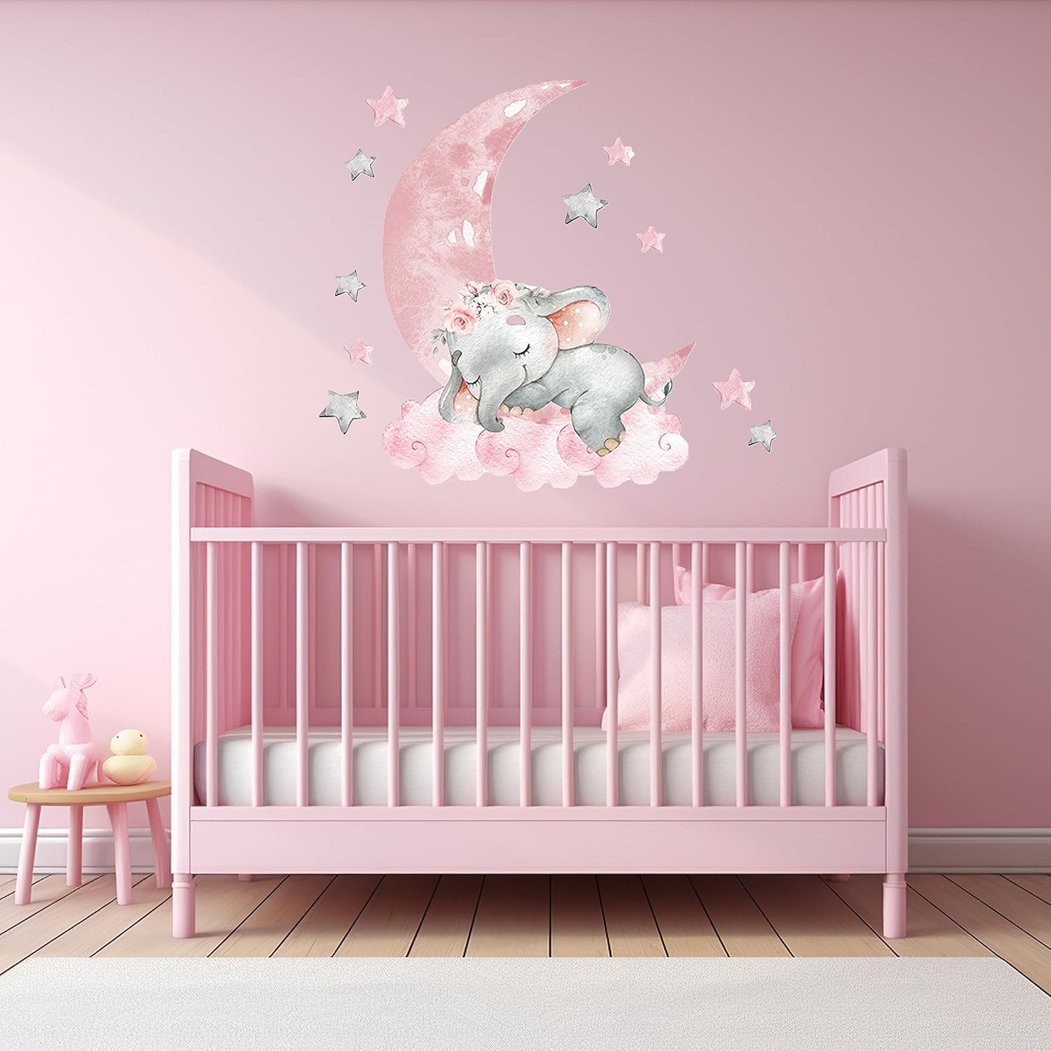Lindas calcomanías de pared de elefante con luna rosa y estrellas, calcomanías de pared para guardería, habitación de niños, sala de estar,