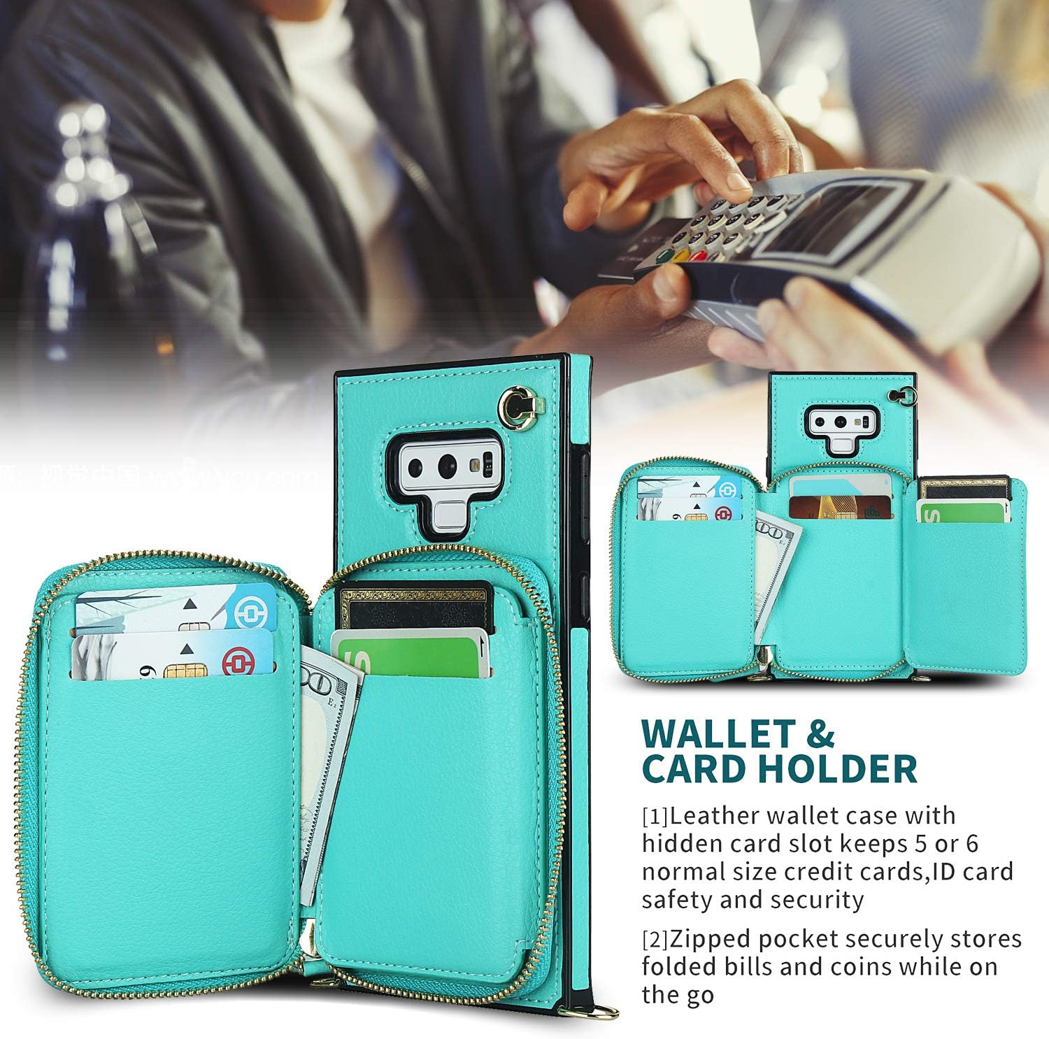 Asuwish Funda de teléfono para Samsung Galaxy Note 9 con protector de pantalla de vidrio templado y soporte para tarjetas con cremallera, soporte de