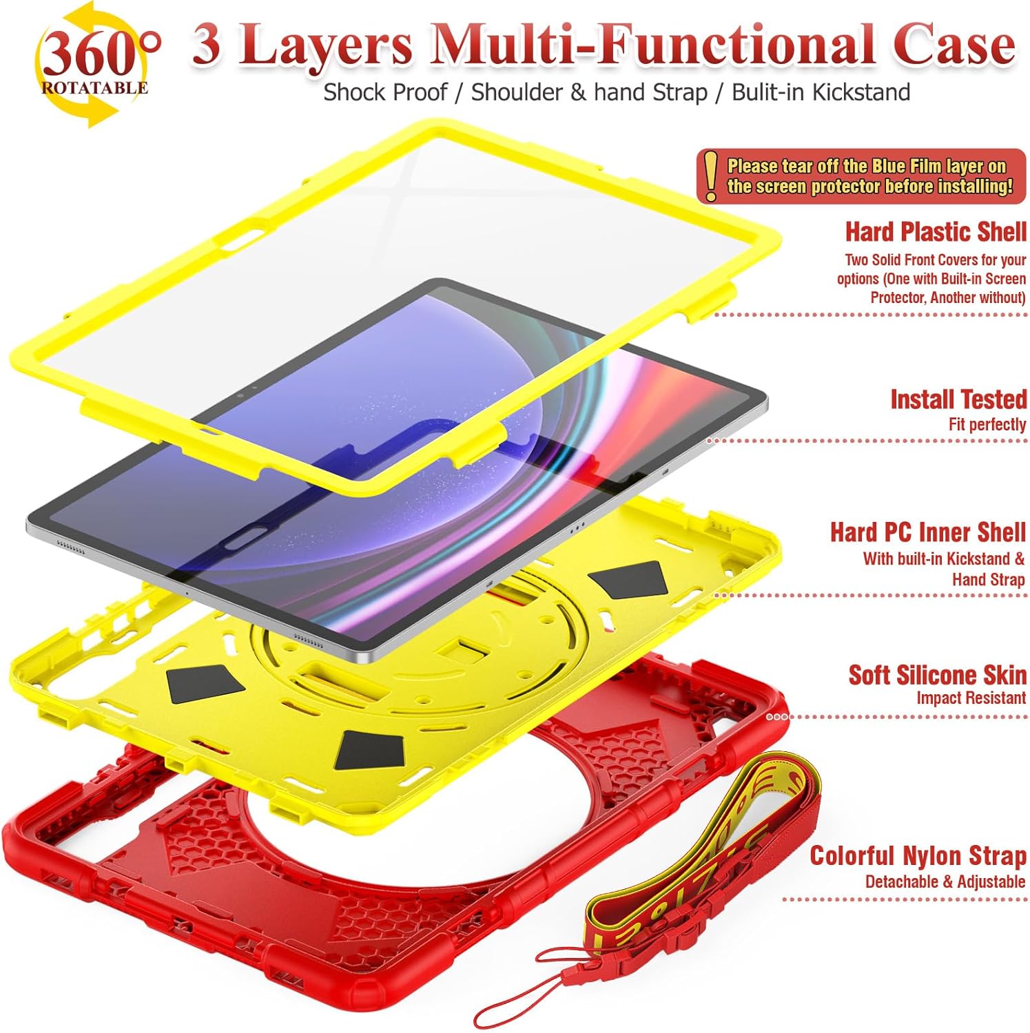 SEYMAC stock Funda para Samsung Galaxy Tab S9 Plus de 12.4 pulgadas, diseño de malla a prueba de caídas con protector de pantalla correa de mano