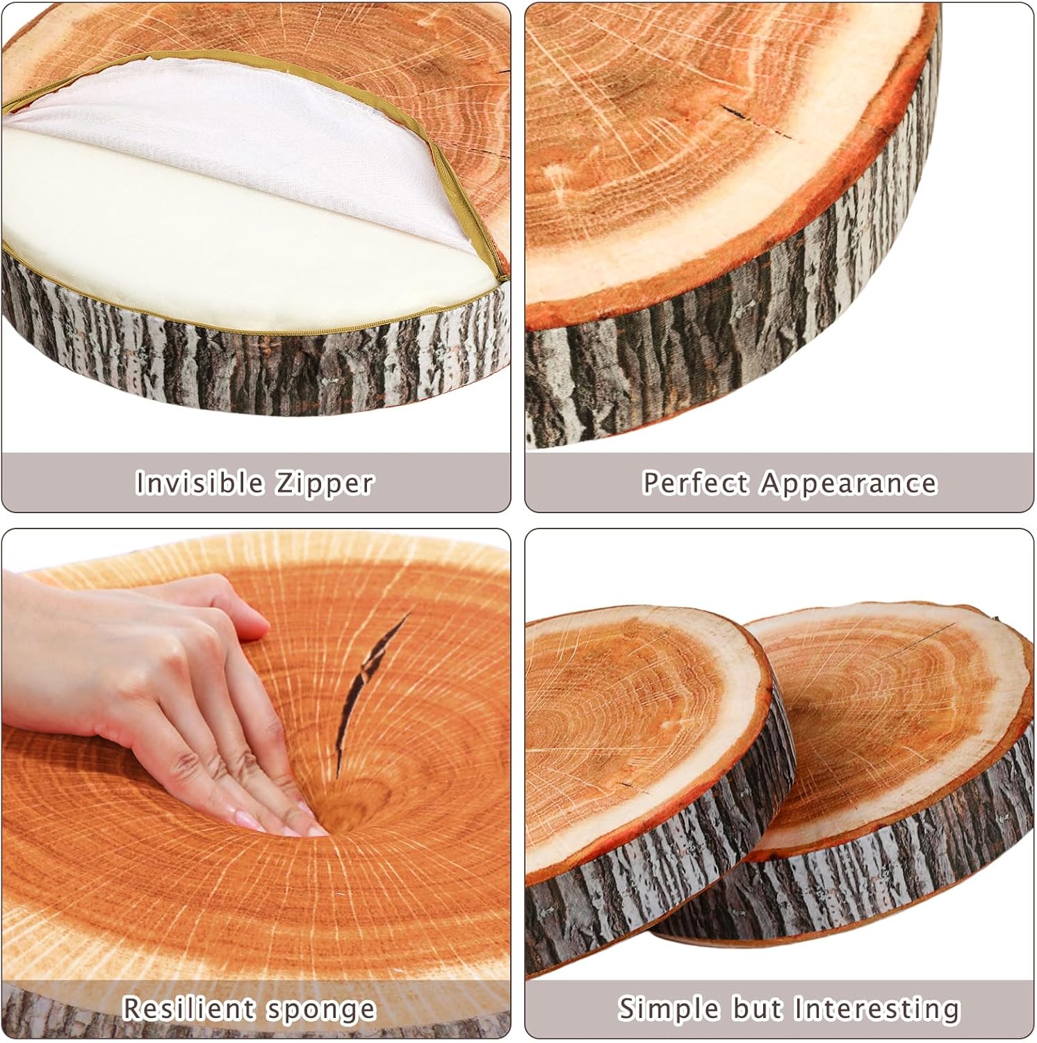 15 almohadas decorativas redondas, cojín de asiento de círculo de tocón de 15.75 pulgadas, cojín de suelo con rodajas de madera de árbol 3D, cojín