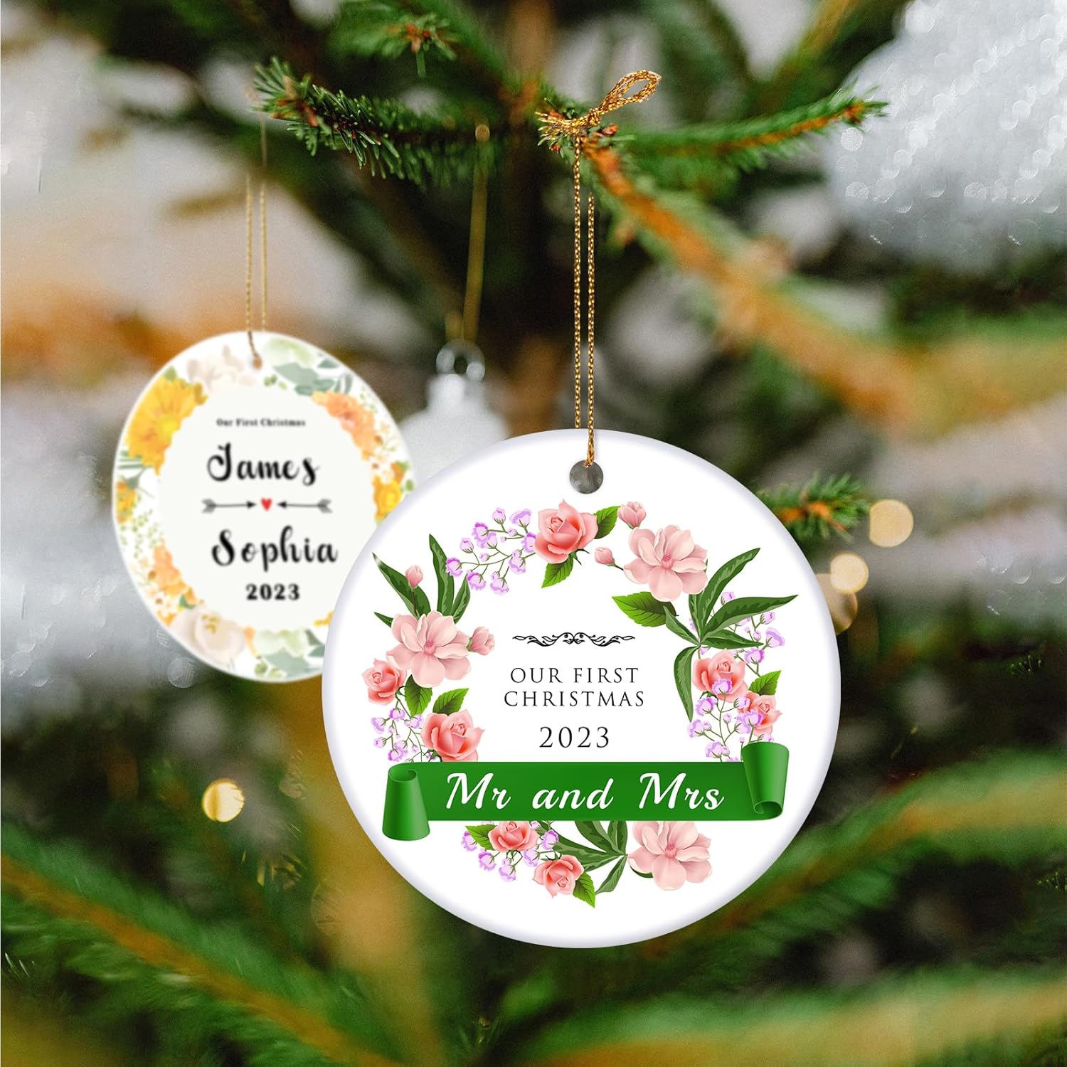 Adorno de matrimonio de primera Navidad 2023, adornos de Navidad personalizados, regalos de boda personalizados de doble cara para parejas, regalo