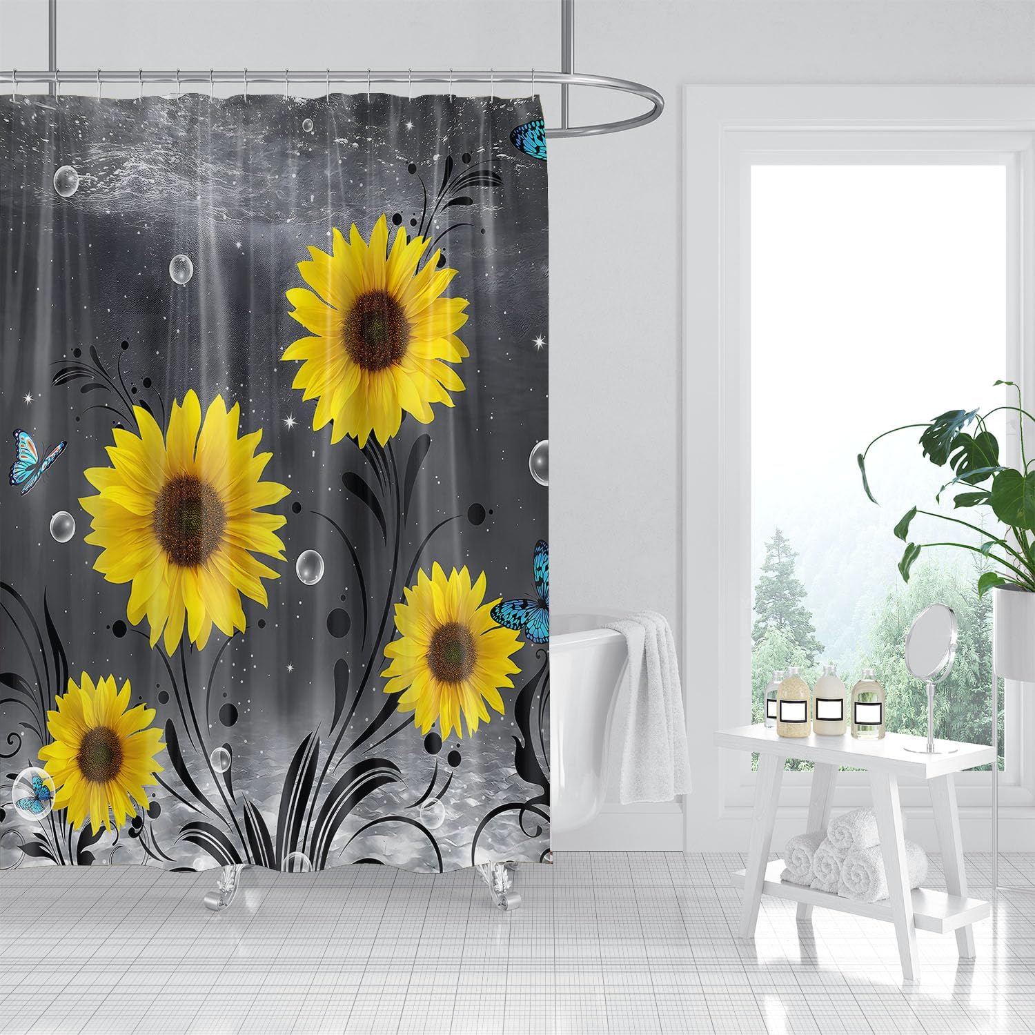 Yellow Sunflowers Bathroom Curtain Butterfly Flowers Shower Curtain Bathroom Decor Set with Hooks Waterproof Washable 72 x 72 inches-Grey Yellow