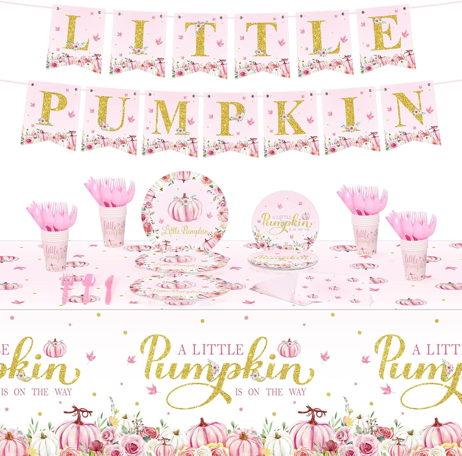 172 piezas de suministros de fiesta de calabaza pequeña incluyen mantel de otoño rosa con texto en inglés “A Little Pumpkin Is on the Way”, juego de