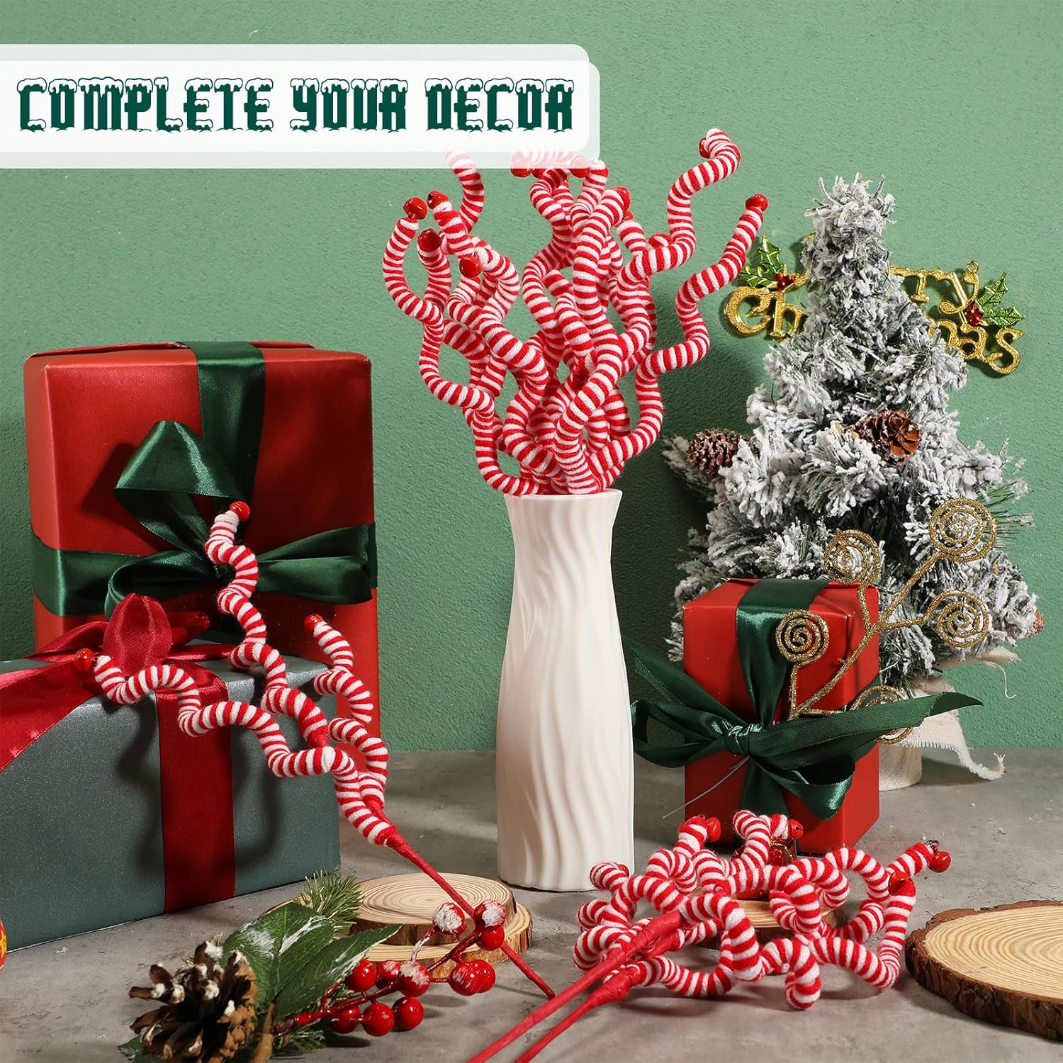 20 piezas de selecciones para árbol de Navidad, campanas de lana, recogida rizada de 14 pulgadas, decoración de árbol de Navidad, dulces, adornos de