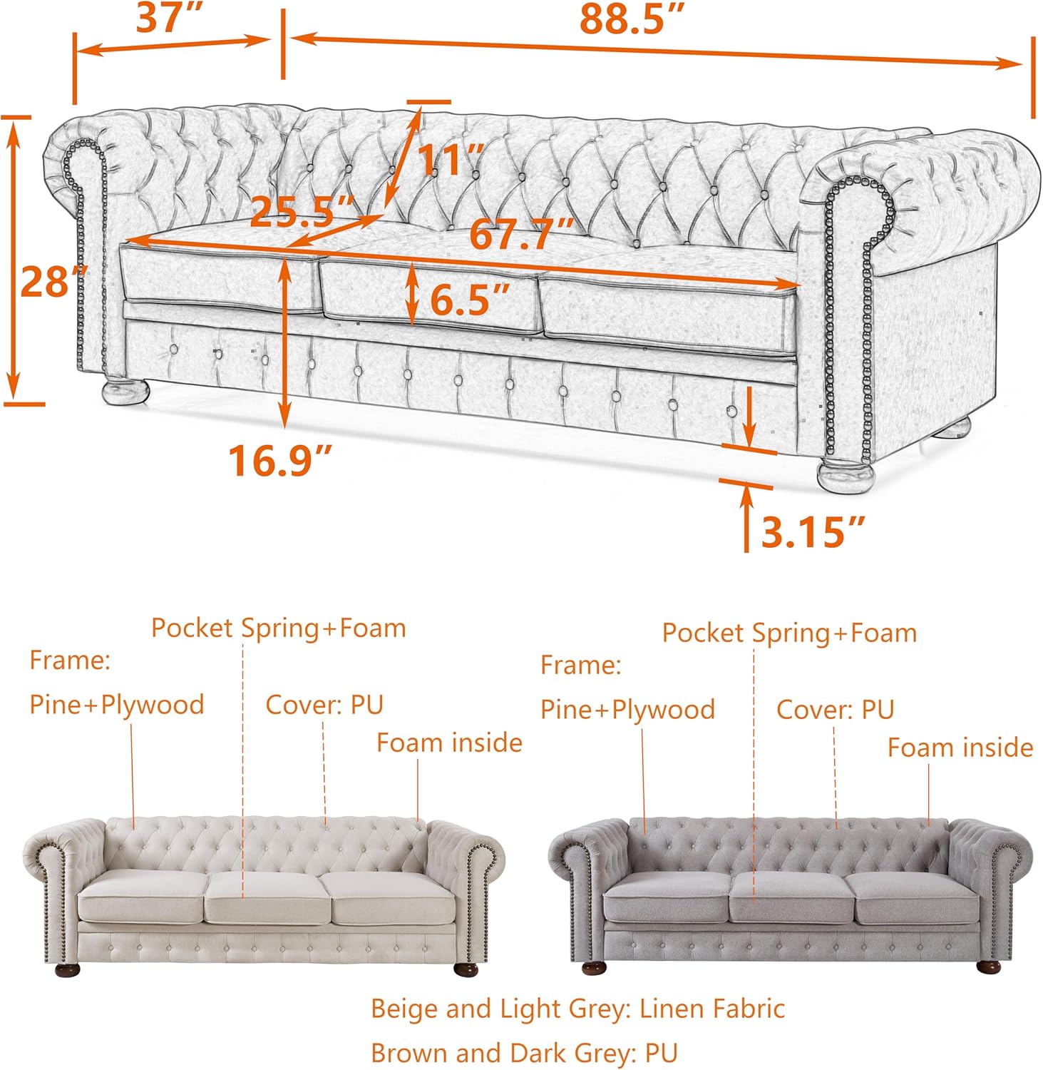 Lestar Sofá Chesterfield de 3 plazas de 88 pulgadas con decoración de uñas en tela de lino, cómodos sofás para sala de estar (gris claro)