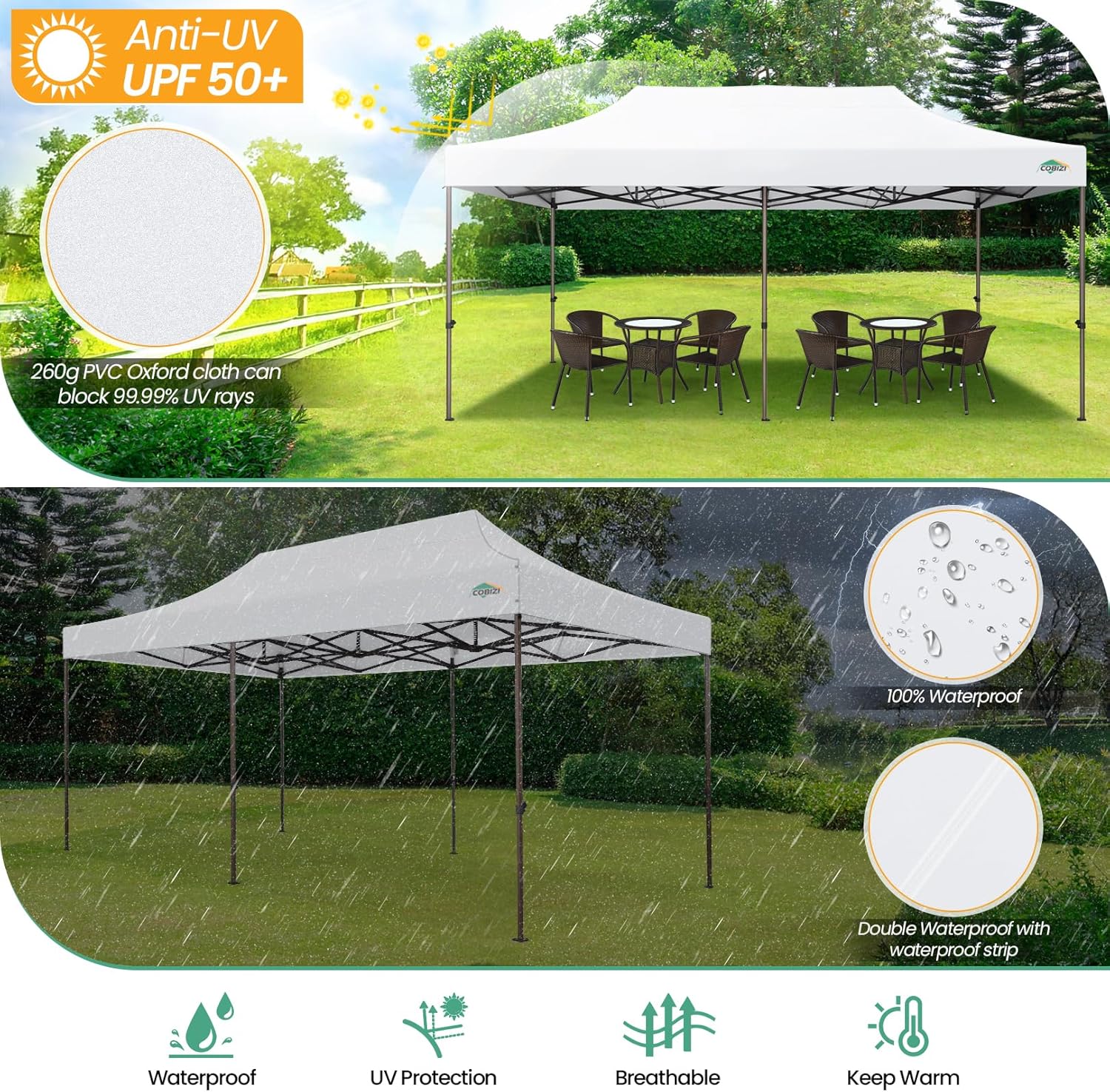COBIZI Toldo desplegable de 10 x 20 pulgadas sin pared lateral, toldo comercial resistente al aire libre, tiendas de campaña para fiestas con bolsa