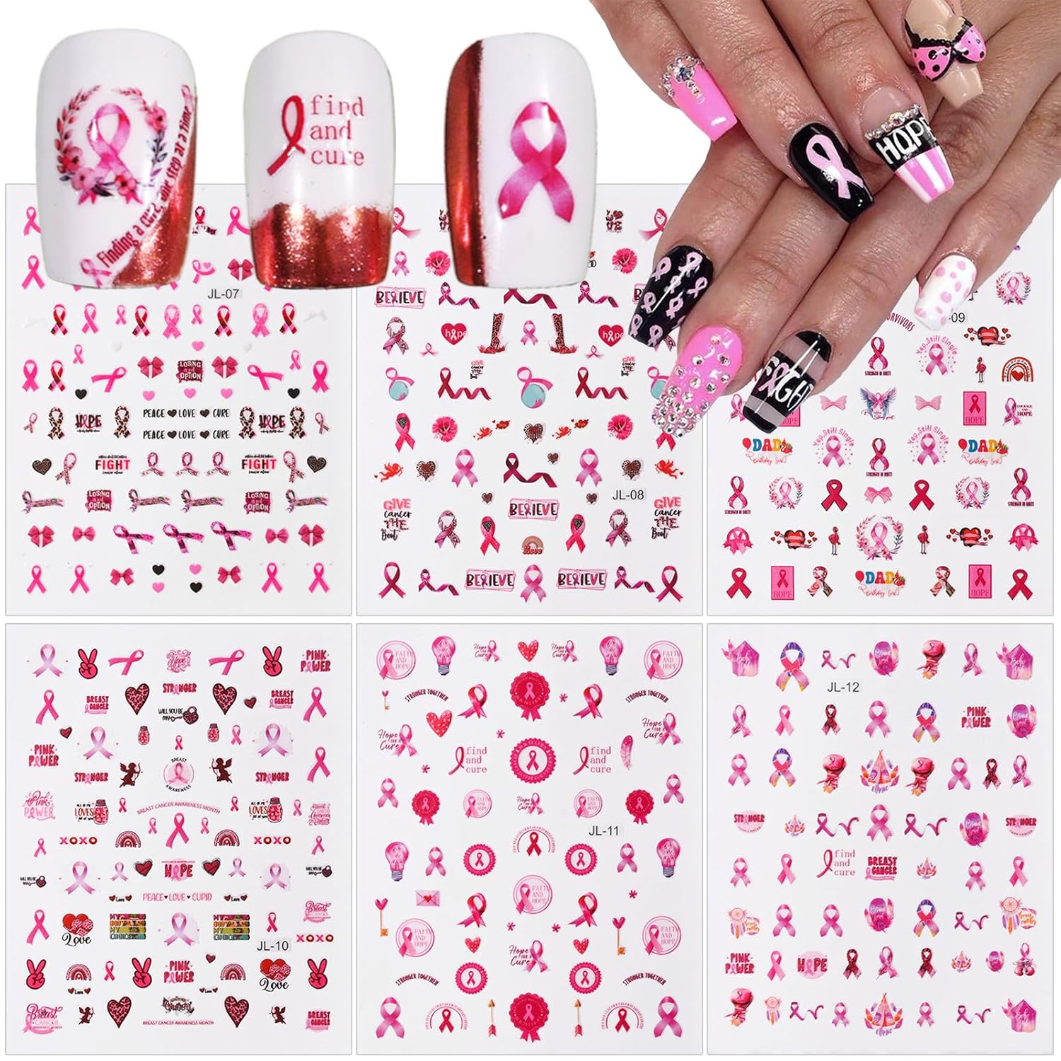 6 hojas de calcomanías para uñas de cáncer de mama, cinta rosa, 3D, autoadhesivas, concientización sobre el cáncer de mama, cinta rosa, calcomanías