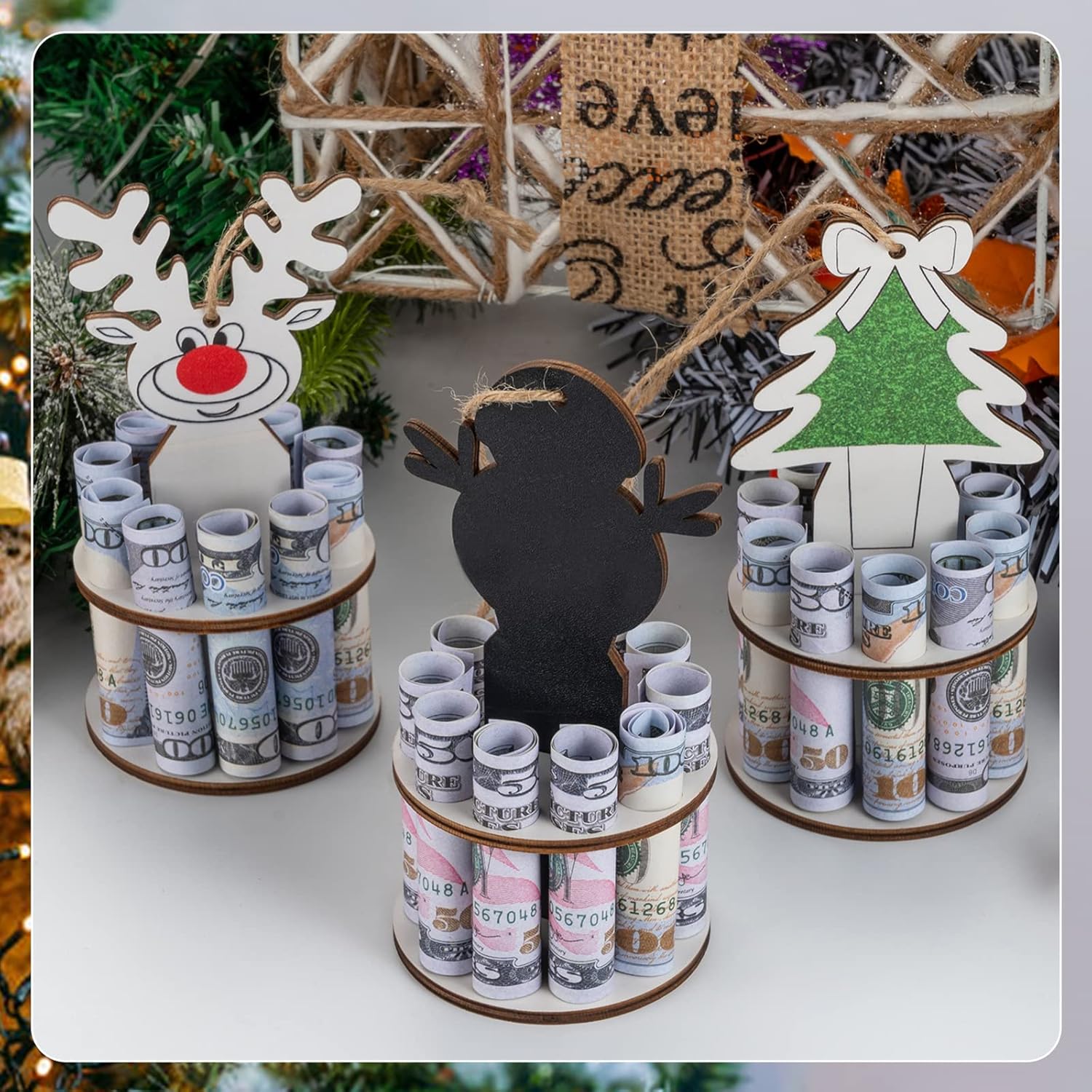 Soporte de dinero único de madera para Navidad con cordón, hecho a mano, mini árbol de Navidad, adornos de Navidad, decoración de Navidad, las