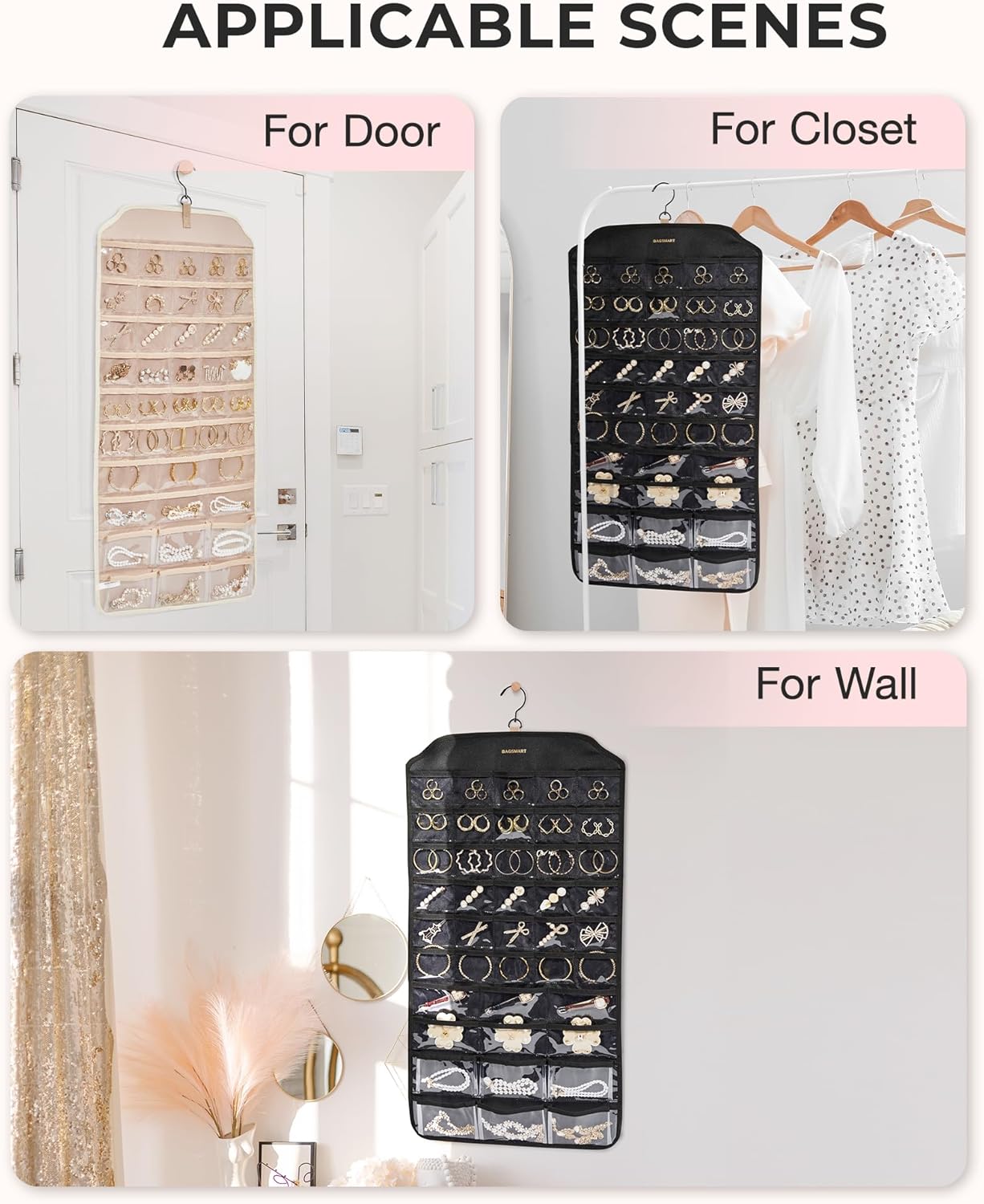 BAGSMART Organizador colgante de joyas, organizador de accesorios, organizador de aretes de 68 bolsillos para sostener joyas en la pared, extra