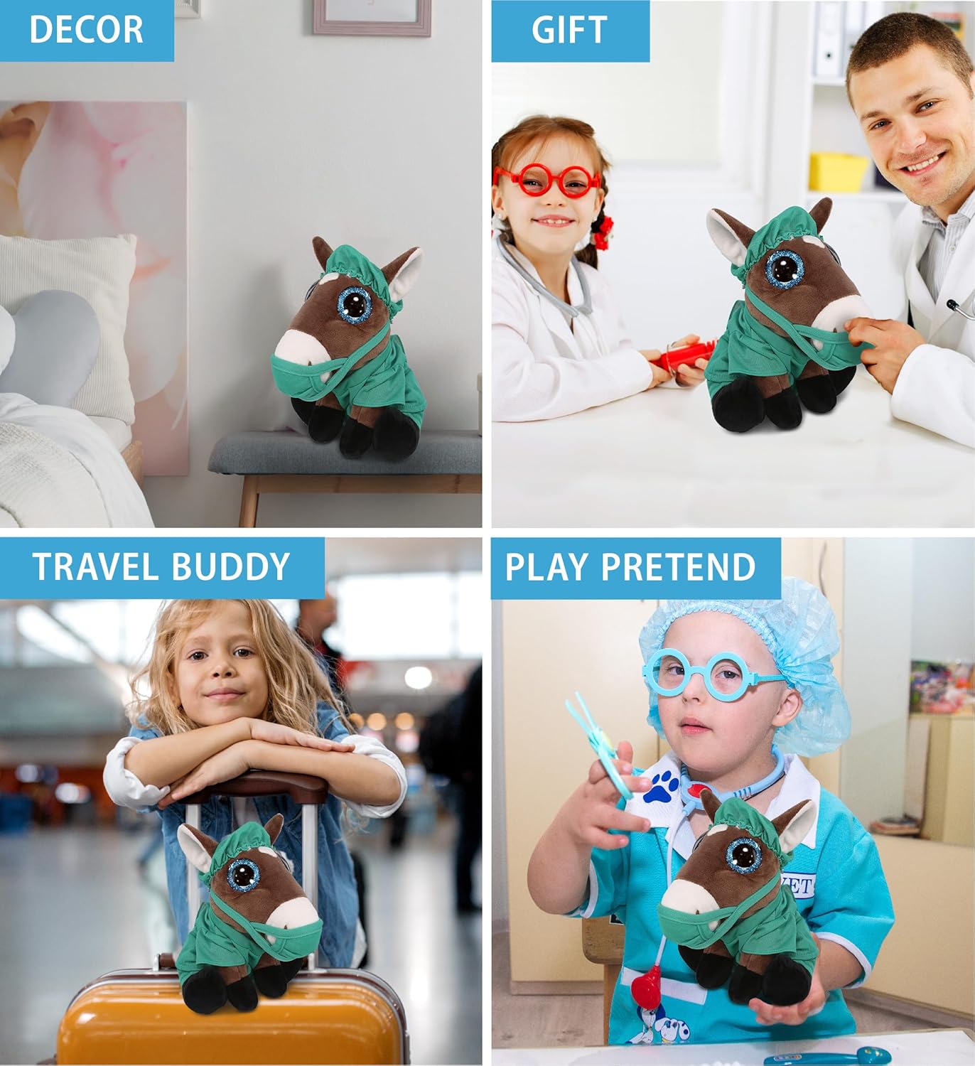 DolliBu Caballo grande  Juguete de peluche de Doctor de ojos brillantes  Disfraz de médico de caballo súper suave con uniforme médico y traje de