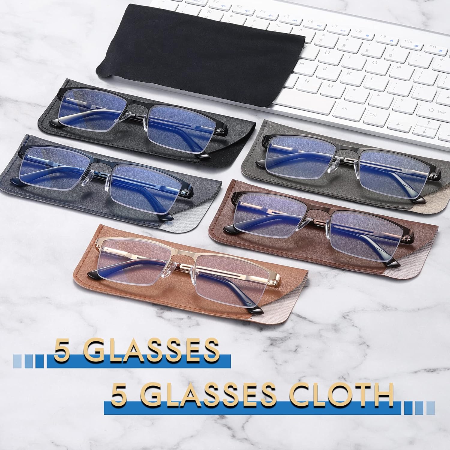 Gafas de lectura para hombre, 5 unidades, bloqueo de luz azul, lectores de metal de medio marco, bisagra de resorte, anteojos ligeros con filtro UV