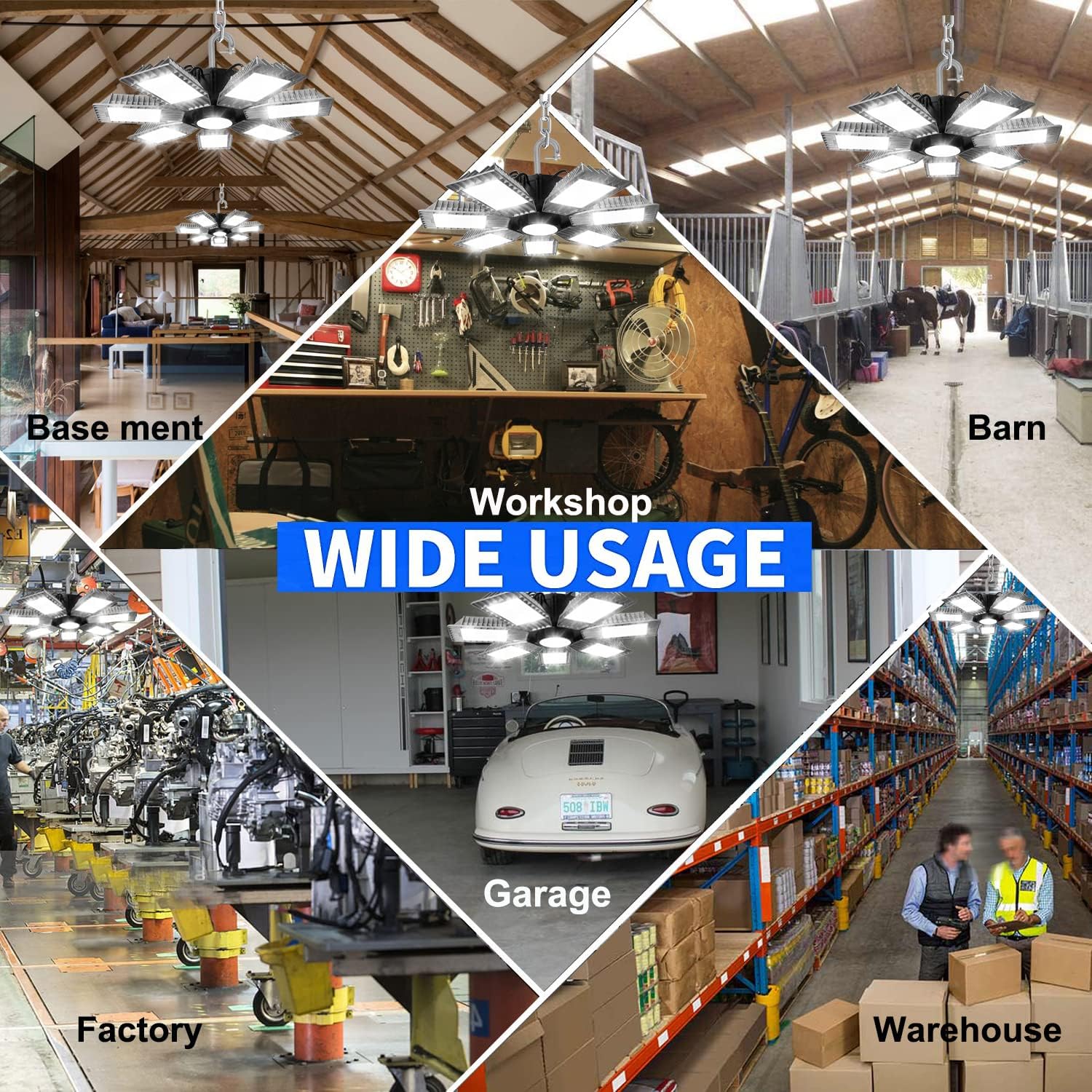 Luces LED de alta bahía, 250 W, 30000 lúmenes, 6500 K, luz diurna, paquete de 2 con 7 paneles deformables, luz LED de alta bahía para tienda de
