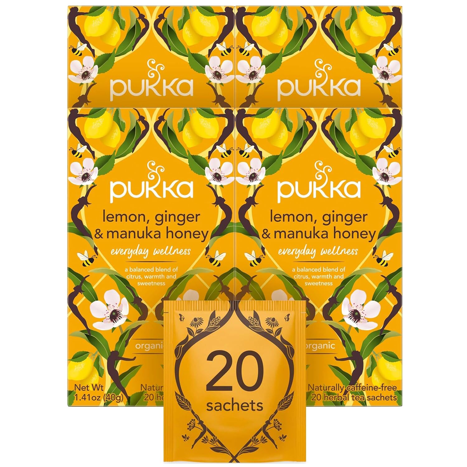 Té de hierbas Pukka, orgánico, de limón, jengibre y miel de manuka, sin cafeína, certificación de comercio justo, certificación Kosher, certificado