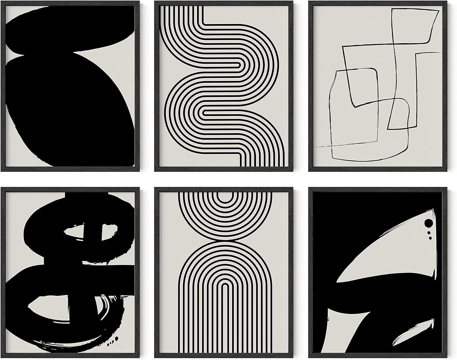 HAUS AND HUES Arte de pared estético de pintura abstracta negra, juego de 6, arte abstracto moderno para pared, negro y gris, arte abstracto de una