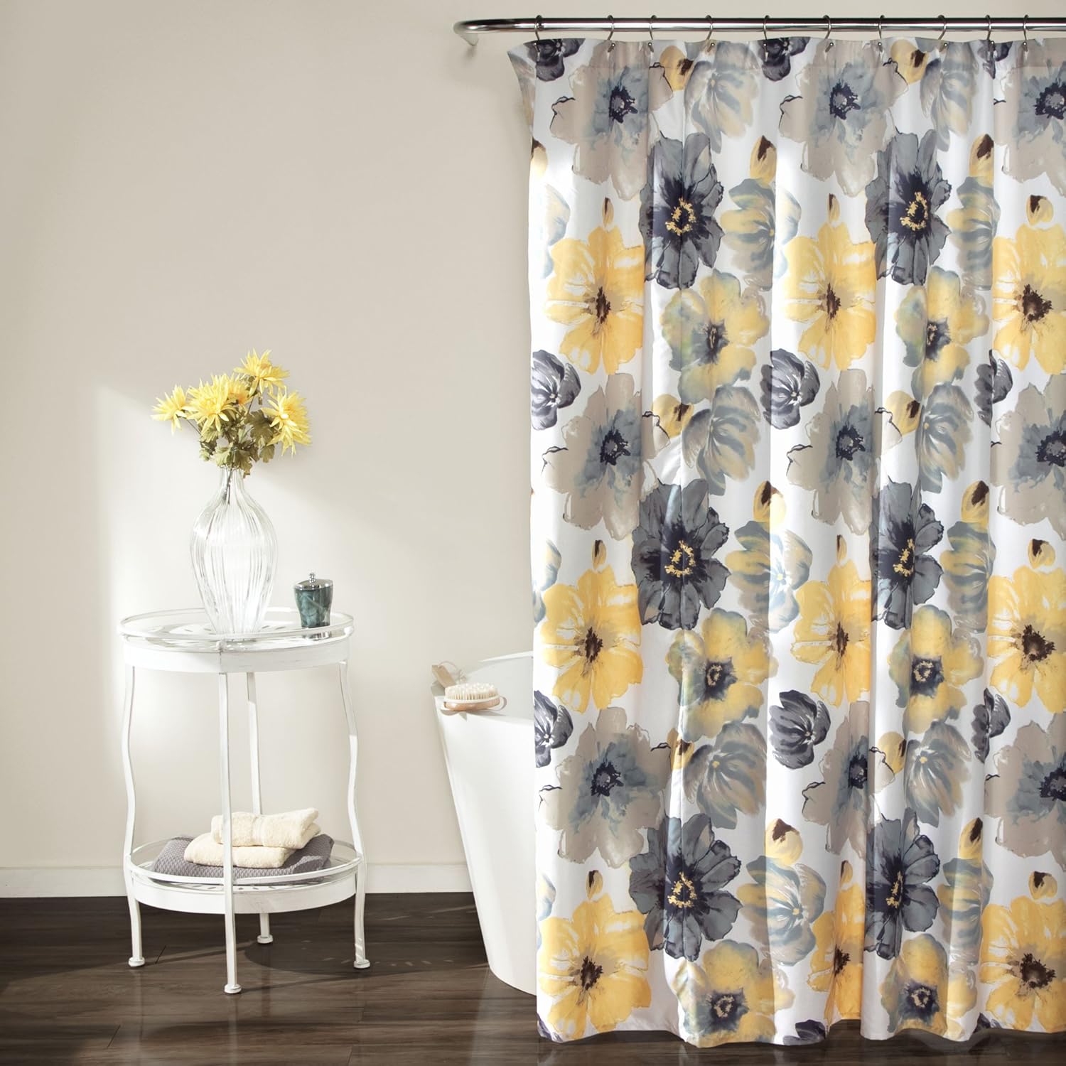 Lush Decor Leah – Cortina de ducha floral, 72 pulgadas de ancho x 84 pulgadas de largo, amarillo y gris, bonita cortina de ducha amarilla, flores