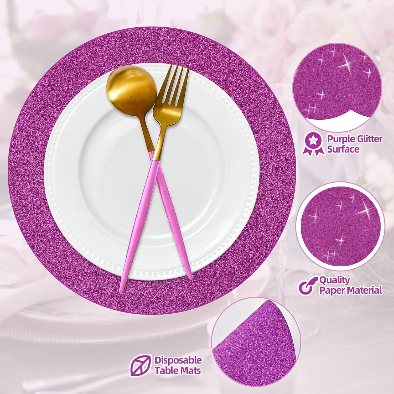 50 manteles individuales de papel con purpurina morada de 14 pulgadas, redondos, desechables, manteles individuales decorativos para bodas,