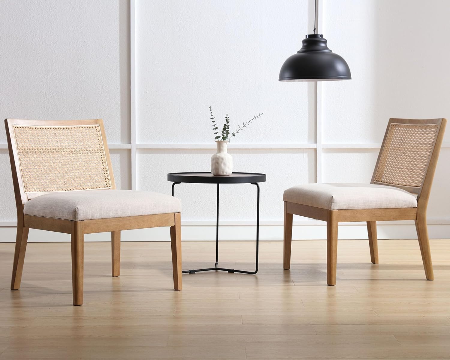 VESCASA Silla decorativa tapizada con respaldo cuadrado de ratán, silla sin brazos con asiento acolchado para sala de estar, lino beige con patas de