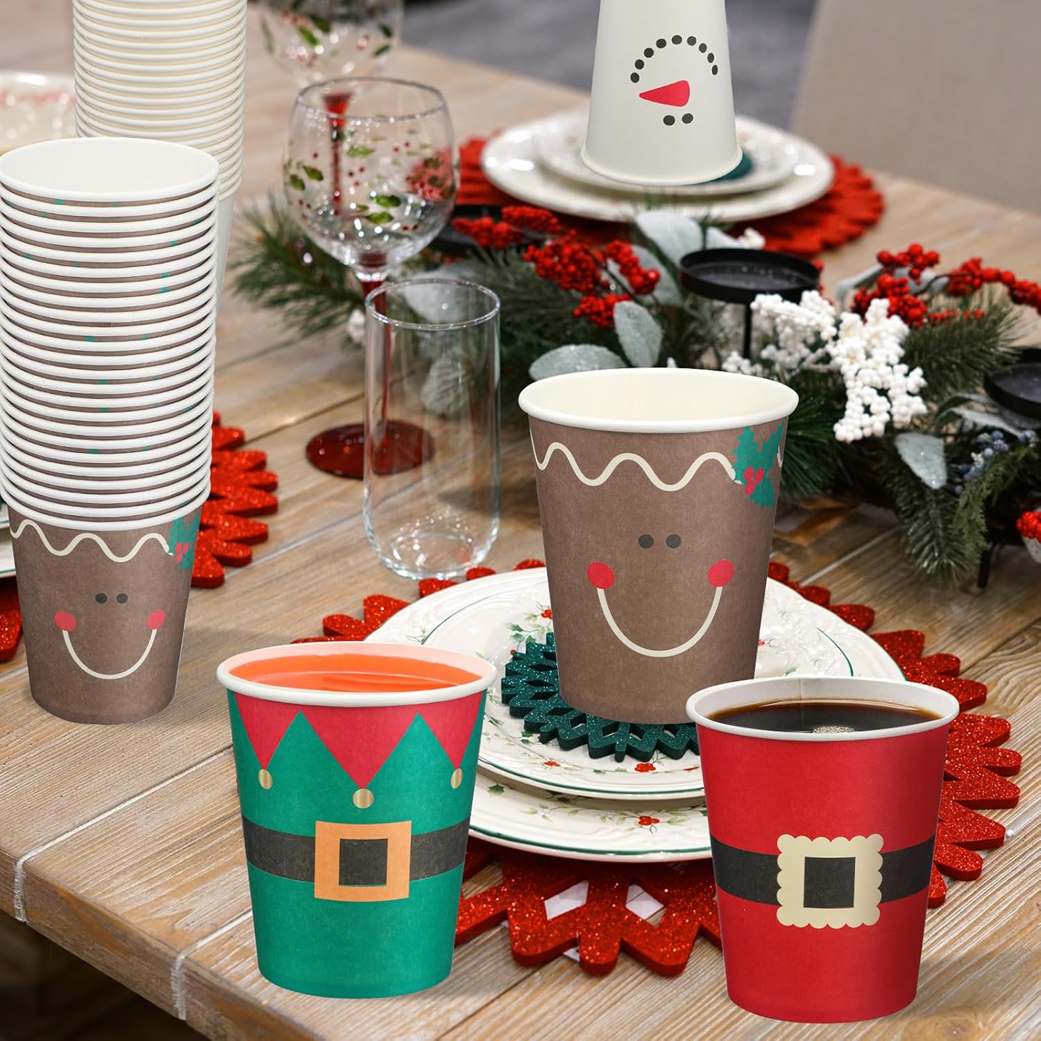 160 vasos de papel de Navidad desechables para fiestas de Navidad, 9 onzas, Papá Noel, elfo, muñeco de nieve, tazas de Navidad, tazas de papel para