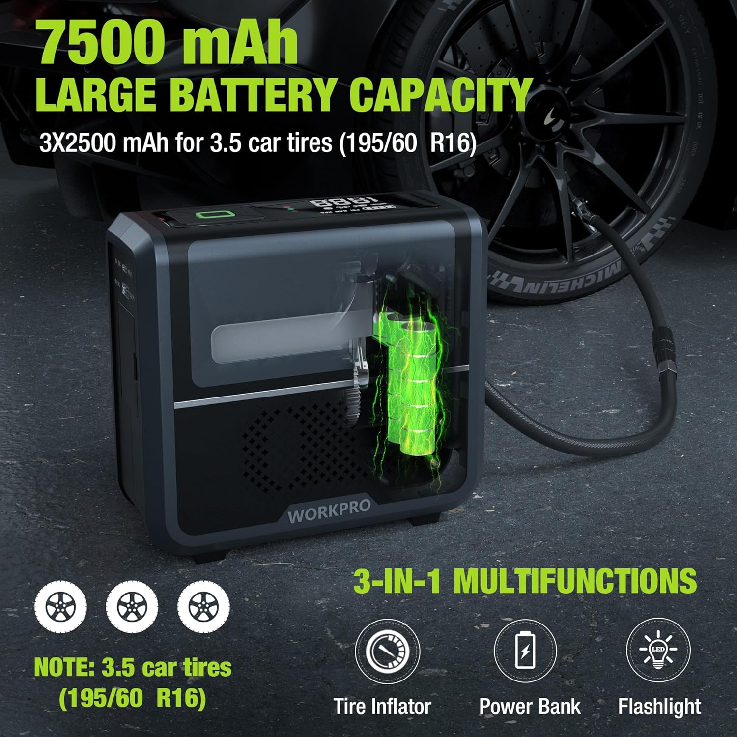 WORKPRO Inflador de neumáticos, compresor de aire portátil, bomba de aire portátil de 12 V para neumáticos de automóvil con batería de 7500 mAh,