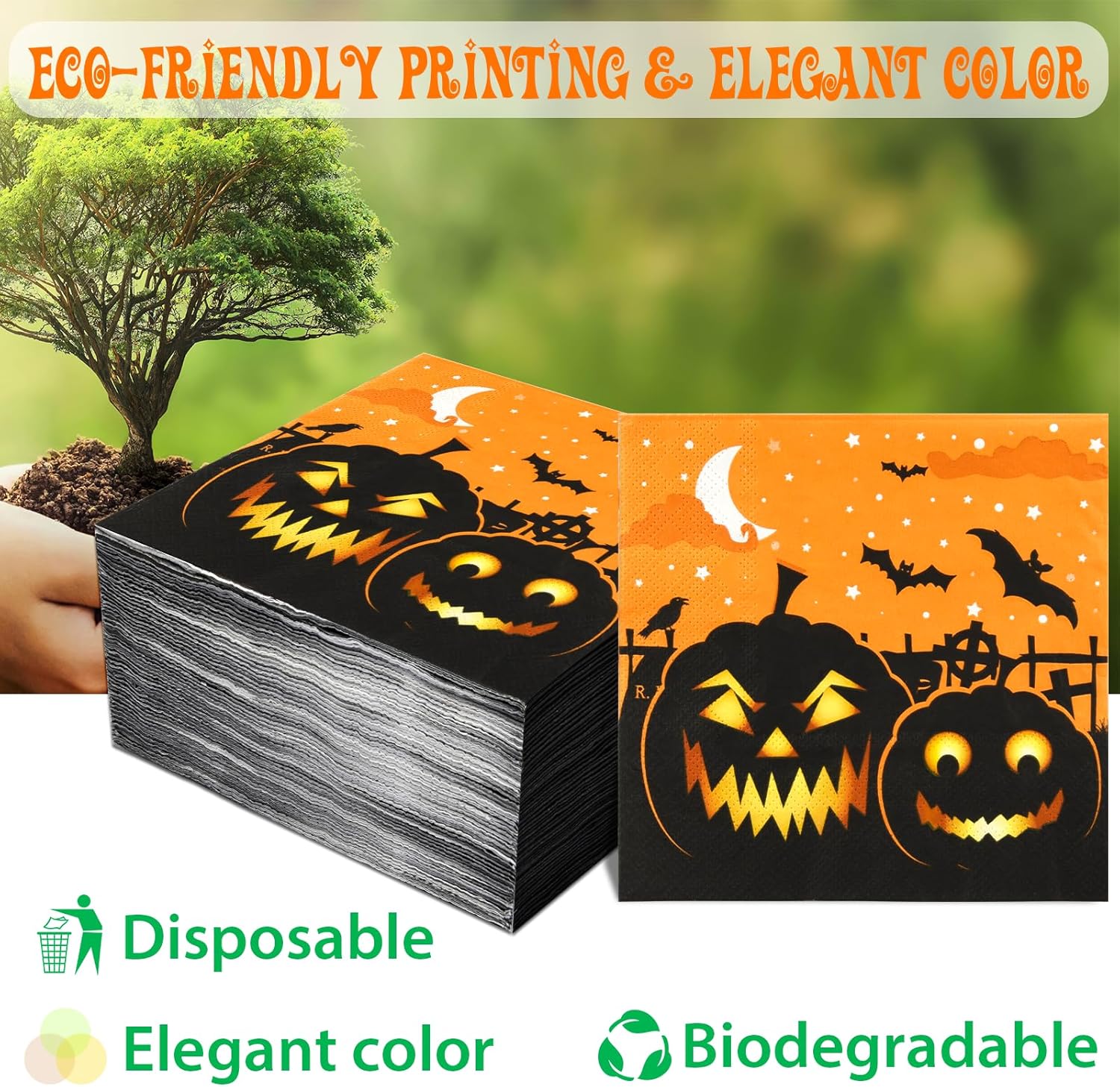 100 servilletas de Halloween de papel, calabazas de papel, cócteles, bebidas, almuerzo, servilletas de cena, suministros de fiesta, decoraciones de